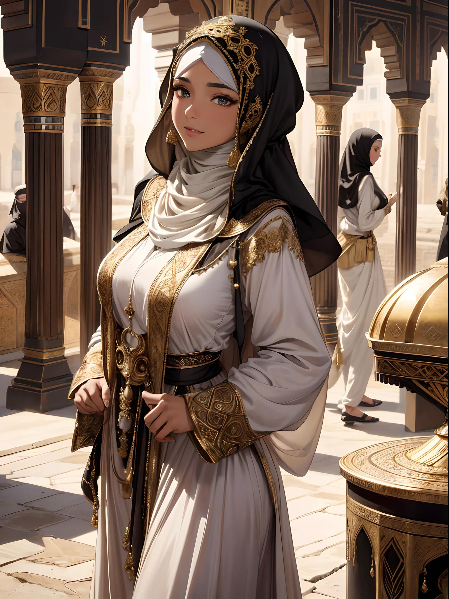 absurderes,(​masterpiece、top-quality、8K ),intricate detailes,ultra-detailliert、1 Beautiful Arab Woman、(Ancient Arab national costumes,Hijab:1.4),veils、A slight smil、darkskinned、black curly hair、Arabian Market、Hyper realistic,Perfect Anatomy