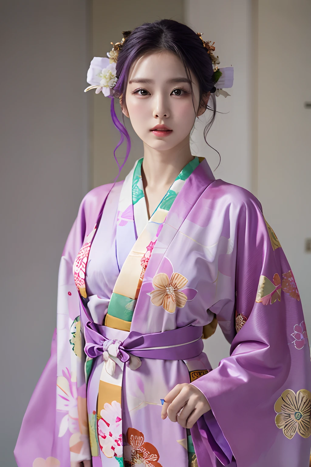 araffe woman in a kimono dress posing for a picture, in kimono, elegant japanese woman, wearing kimono, korean model, japanese kimono, japanese goddess, traditional japanese, in a kimono, wearing a kimono, pale and coloured kimono, white hanfu, kimono, wearing simple robes, classic kimono, wearing silk robe, wearing a simple robe, korean woman, heonhwa choe , big breast, show breast, light purple hair