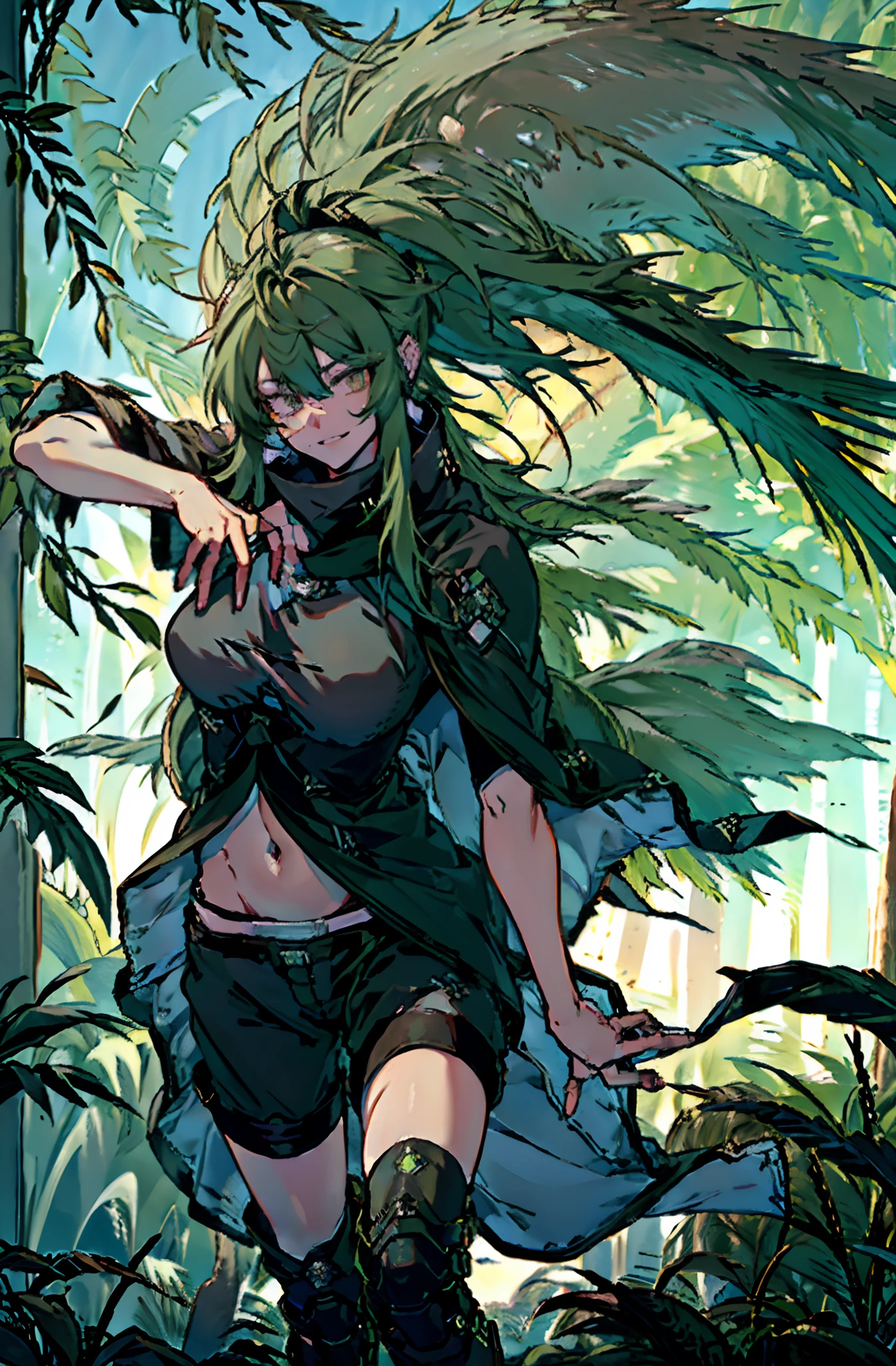 Pure sky，mechanical leg，Black mechanical legs，Plump legs，Green gem setting，Anime girl standing gracefully on the ground，Black cape and green hair, rogue anime girl, Anime girl standing, Wearing a cloak on the blasted plain, asuka suit under clothes!, Cyborg girl, badass posture, mechanic punk outfit, anime styled 3d, render of a cute 3d anime girl, gapmoe yandere grimdark, Female character，musculature，Abs，Glowing green eyes，Black hair with green gradient，short detailed hair，Bunched hair，Dull hair，（Muscle 2.0），Tomboyish，Be red in the face，looking at viewert，Elaborate Eyes，Black mechanical legs，huge tit，1.5，ssmile，Openwork black silk，Straight big breasts，strappy，Black openwork hot pants，White bandeau，Toothless smile，Lower breast，Mechanical wind，There are no cities，Side breasts，Excitation，Top crotch，Sexy lower abdomen，Camel toes，Big Green Knife，Sexy underarms