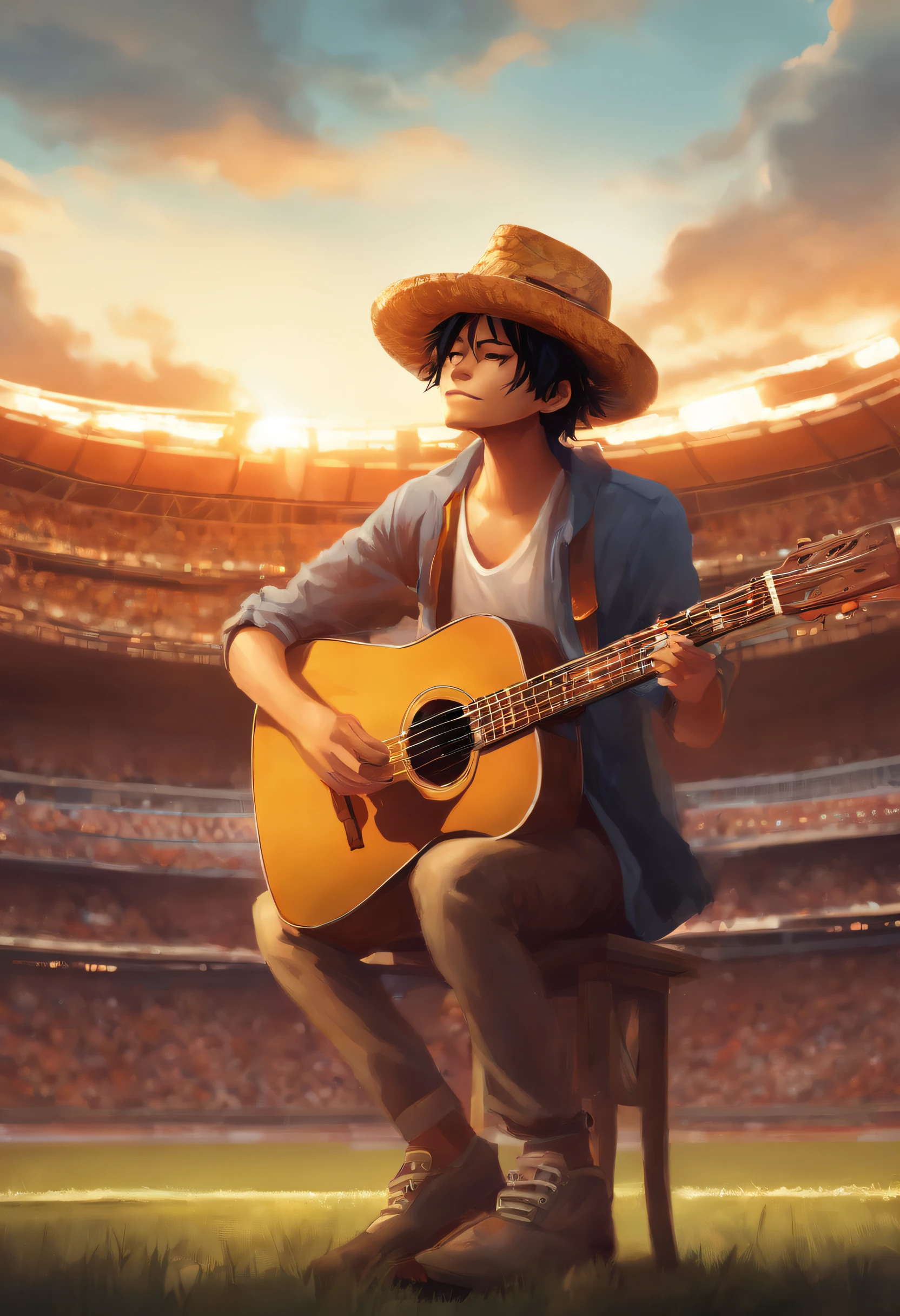 Luffy au chapeau de paille avec une guitare dans le stade avec des fans qui regardent, Fan art officiel, Fan Art, In the style of Atey Ghaïan, Concept Art de Single Boy, Very epic atmosphere, An epic anime by Tuff Luck, Concept of illustartion, Concept Art de guitare, Emotional Concept Art, Rob Rey et Kentaro Miura style, Atey Ghaïan 8 K, Stade de football