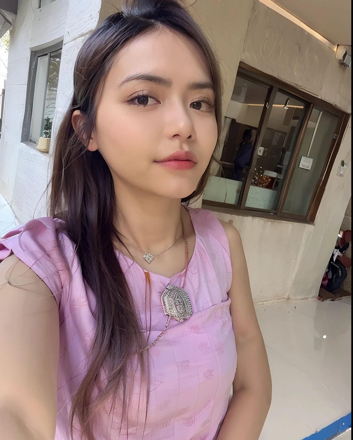 a close up of a young woman wearing a pink dress, dang my linh, nivanh chanthara, very very low quality picture, uploaded, with long hair, anime thai girl, photo taken with canon 5d, with lovely look, very low quality, sakimi chan, high quality upload, photo taken in 2 0 2 0