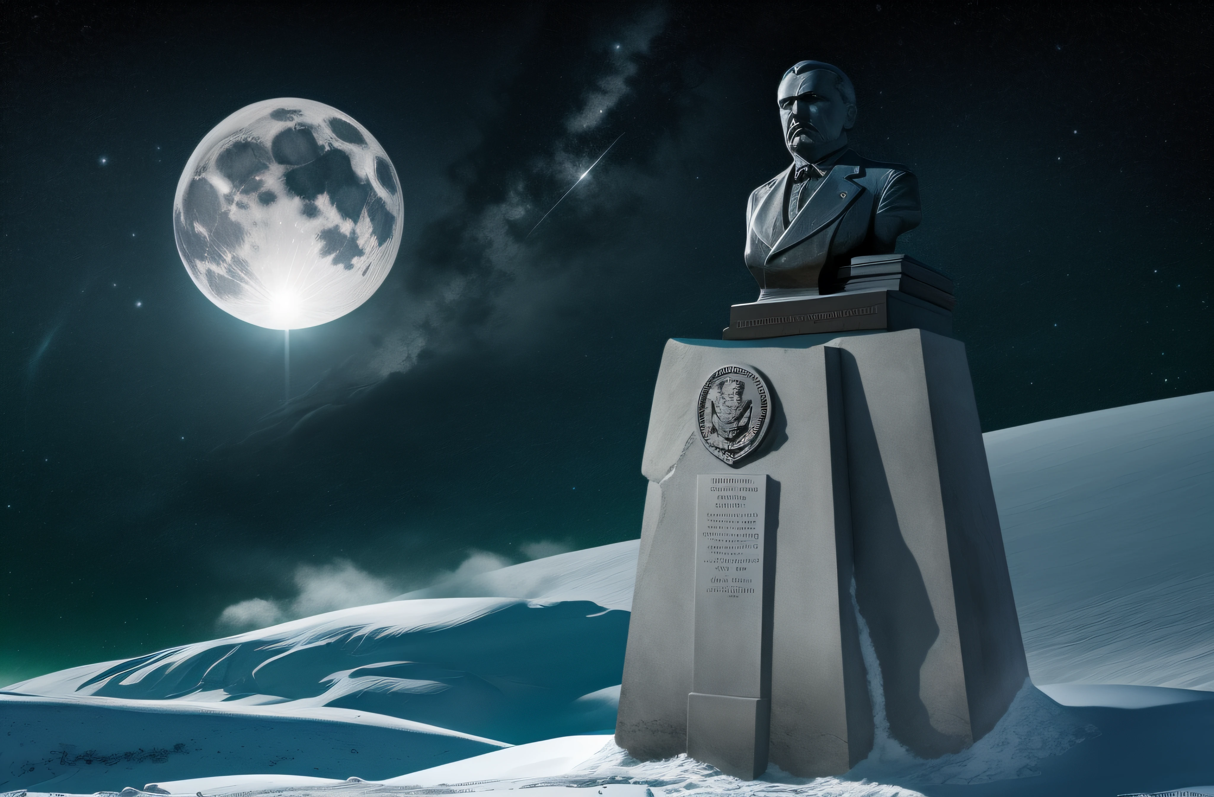 lenin's statue made of solid .999% pure silver, glistening in the polar moonlight