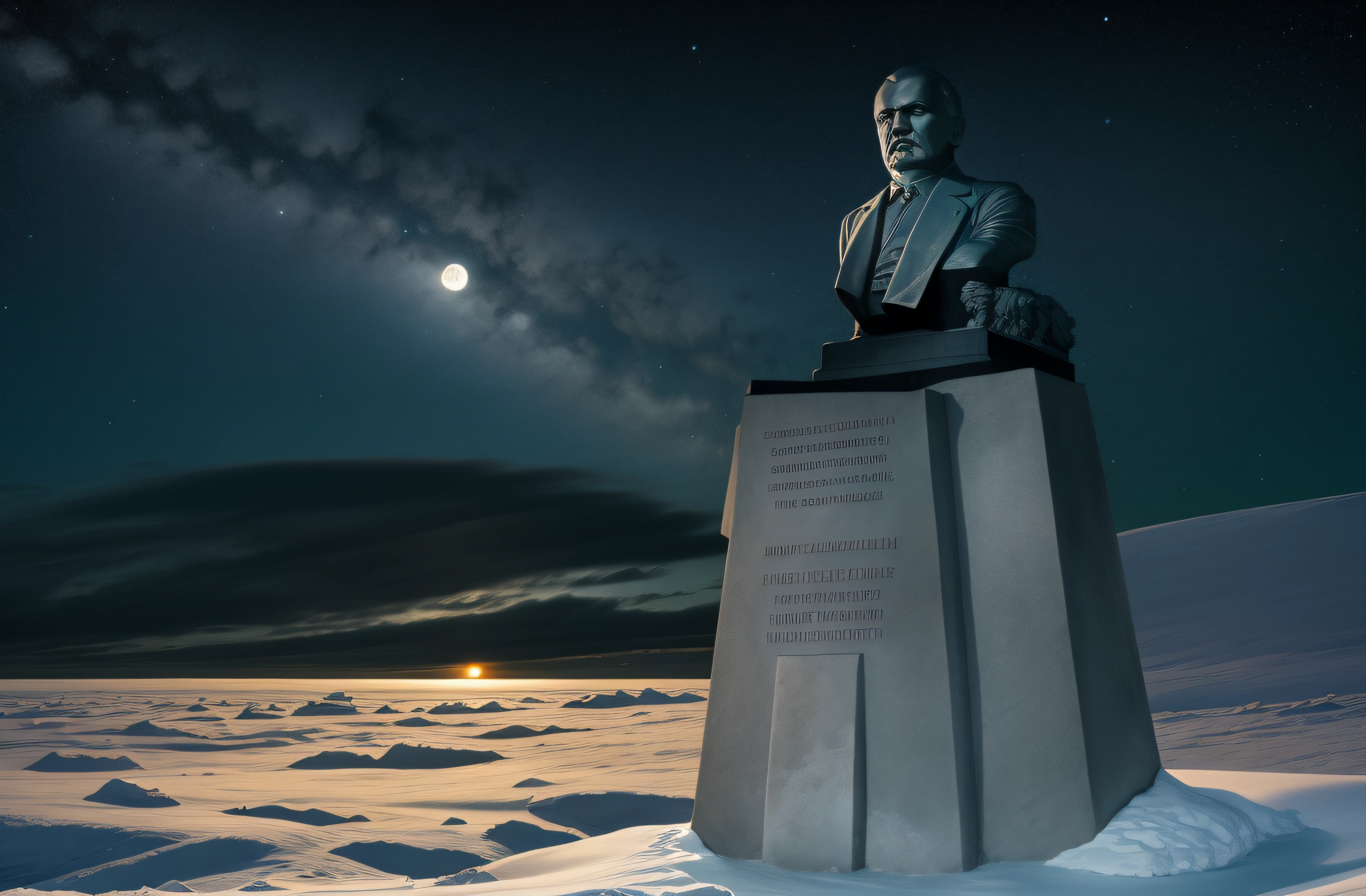 lenin's statue made of solid .999% pure silver, glistening in the polar moonlight