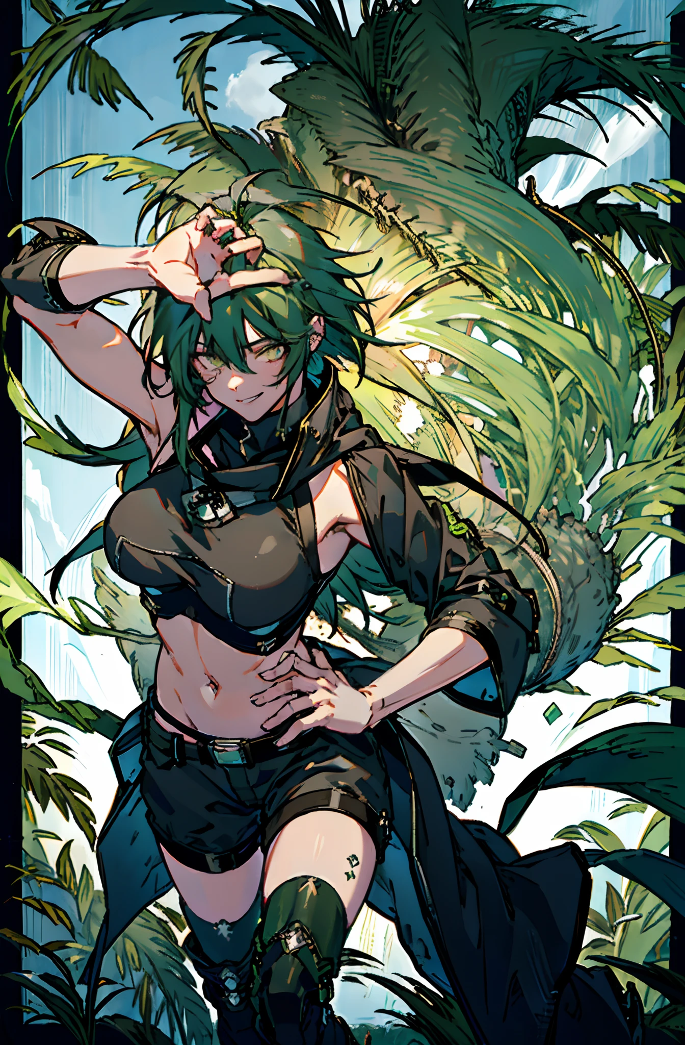 Pure sky，mechanical leg，Black mechanical legs，Plump legs，Green gem setting，Anime girl standing gracefully on the ground，Black cape and green hair, rogue anime girl, Anime girl standing, Wearing a cloak on the blasted plain, asuka suit under clothes!, Cyborg girl, badass posture, mechanic punk outfit, anime styled 3d, render of a cute 3d anime girl, gapmoe yandere grimdark, Female character，musculature，Abs，Glowing green eyes，Black hair with green gradient，short detailed hair，Bunched hair，Dull hair，（Muscle 2.0），Tomboyish，Be red in the face，looking at viewert，Elaborate Eyes，Black mechanical legs，huge tit，1.5，ssmile，Openwork black silk，Straight big breasts，strappy，Black openwork hot pants，White bandeau，Toothless smile，Lower breast，Mechanical wind，There are no cities，Side breasts，Excitation，Top crotch，Sexy lower abdomen，Camel toes，Big Green Knife，Sexy underarms，Left hand crossed waist