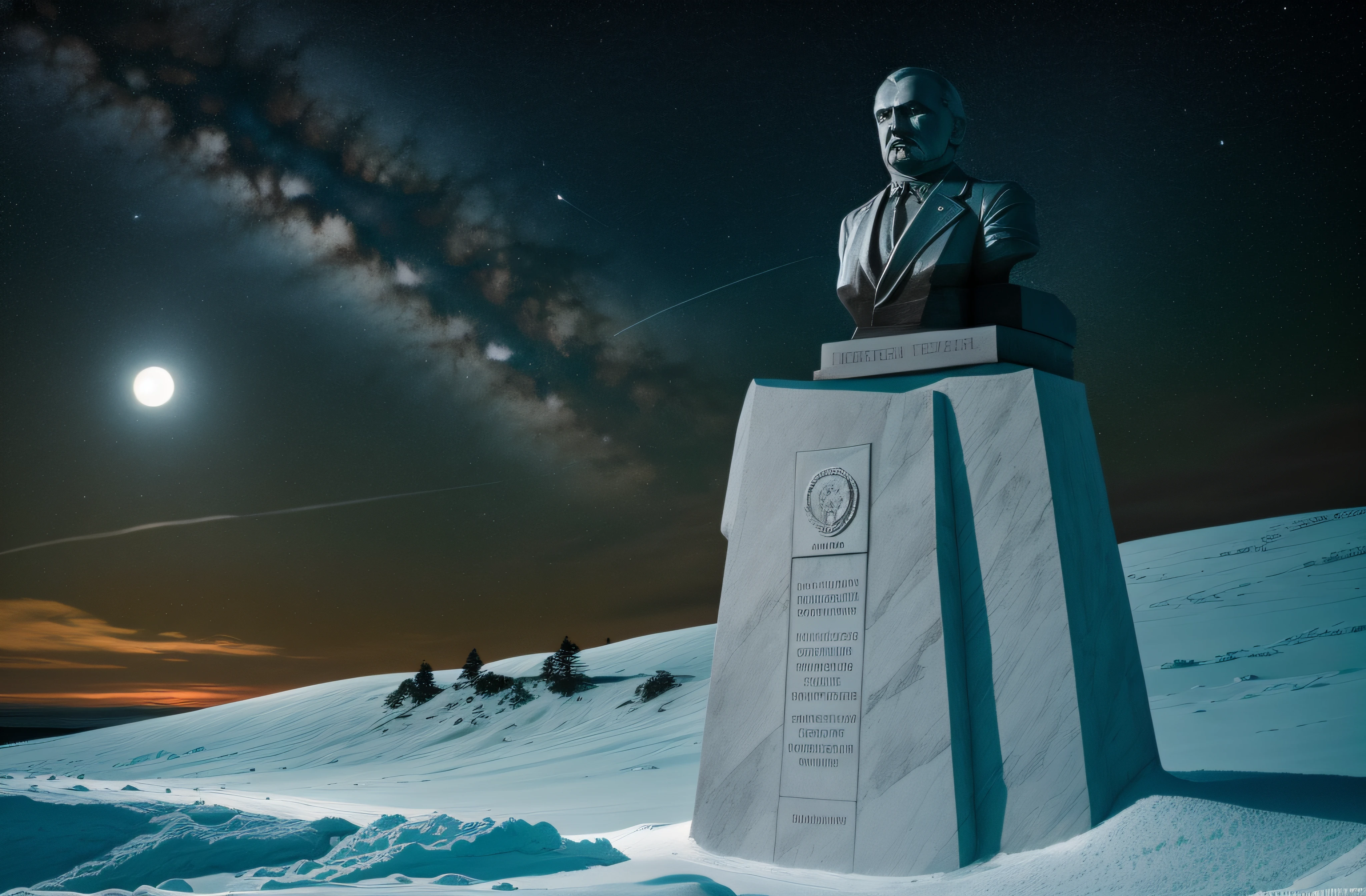 lenin's statue made of solid .999% pure silver, glistening in the polar moonlight