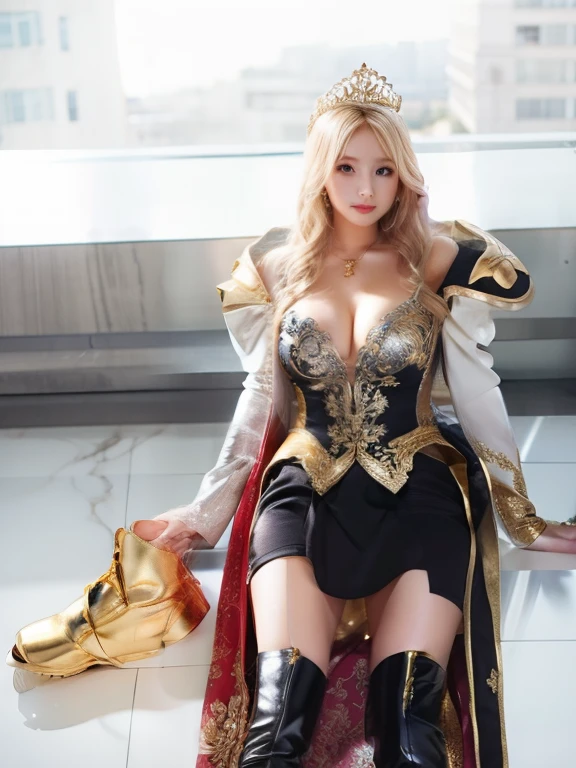 Woman in silver and gold mini dress、large full breasts、beautiful foot、Blonde wavy hair、Gold Tops、Good Style、long boots、gorgeous tiara