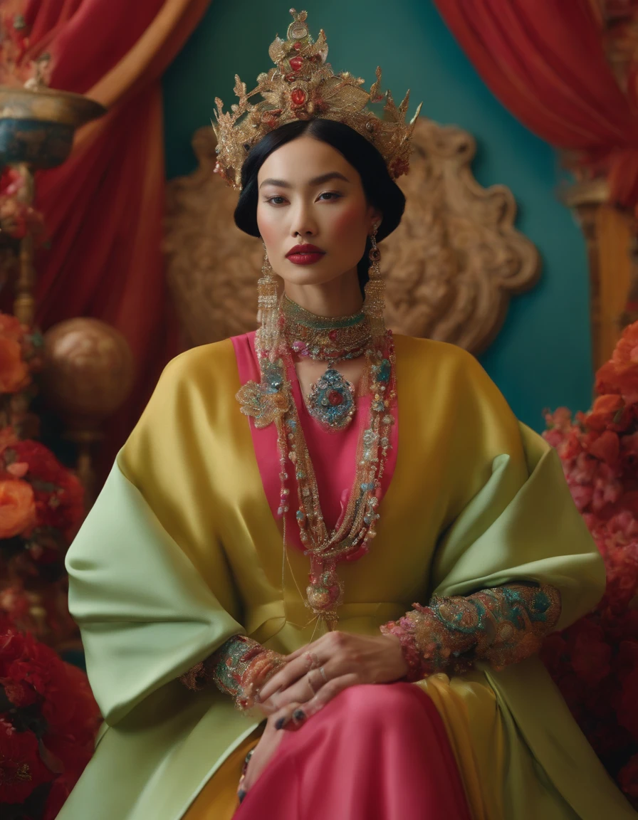 Master artwork,Tim Walker's style,(Best quality,4K,8K,A high resolution,Masterpiece:1.2),ultra - detailed(The attention to detail)British style(photo-realistic:1.37),An eye-catching fashion magazine(Studio lighting),The fantasy of psychedelic travel(sci-fy),The edges are dazzling(bold vibrant colours:1.2),Dazzling(luminous),on a throne of crystals,sci-fi tibetan fashion,There are no characters。