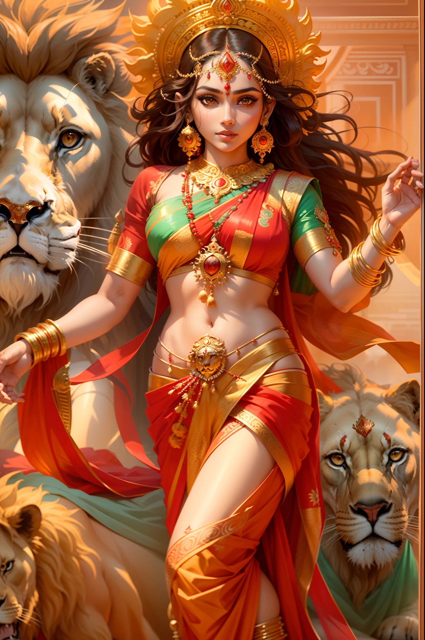 (highly detailed), (illustration), (intricate), (beautiful face), (attractive body), (complete body picture), modern indian goddess, Hinduism, (transparent red saree), (visible natural breasts), (NSFW), dynamic pose, deity crown, (lion standing nearby), colorful, eye-catching, heavenly.