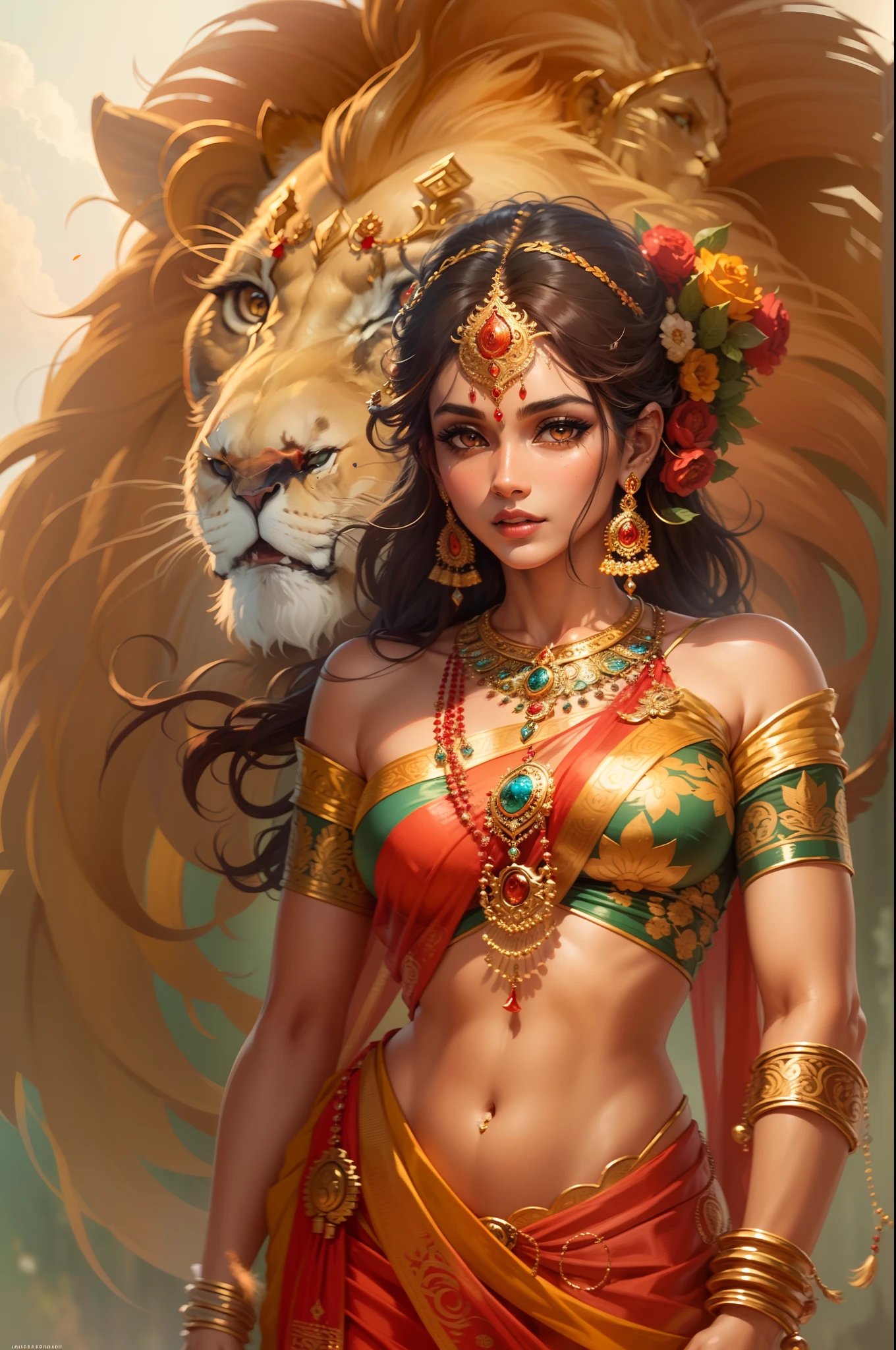 "Create an ultra-realistic image of the beautiful Goddess Chandraghanta, depicted in her divine form, wearing a royal blue saree with a matching royal blue blouse. The saree should be richly detailed with intricate gold embroidery, symbolizing her royal status and celestial power. Her skin should glow with a soft, radiant light, reflecting her divine nature. Her face should be serene yet powerful, with large, compassionate eyes that exude both grace and strength. A serene smile should adorn her face, conveying her peaceful nature and her commitment to the welfare of her devotees, she have extreme long hair, beautiful hair, long flowing hair, long wavy hair.
((((((There is a ((((((half moon)))))) on her tiara.))))))
She has only two hands.
In the right hand she is holding a majestic designed extreme big bow.
In the left hand she holds majestic big arrows.
She should be riding on an extremely large and powerful tigress, symbolizing her strength, courage, and readiness to protect her devotees. The tigress should have a fierce yet loyal expression, perfectly complementing the goddess's commanding presence.
The background should be a celestial landscape, with soft, glowing light that enhances the divine atmosphere. Elements like the moon and stars should be subtly incorporated to reflect her connection to the celestial realm. The overall image should capture the essence of Goddess Chandraghanta’s beauty, strength, and protective nature, presented in a highly realistic and detailed manner, with her mount emphasizing her power and readiness for battle."