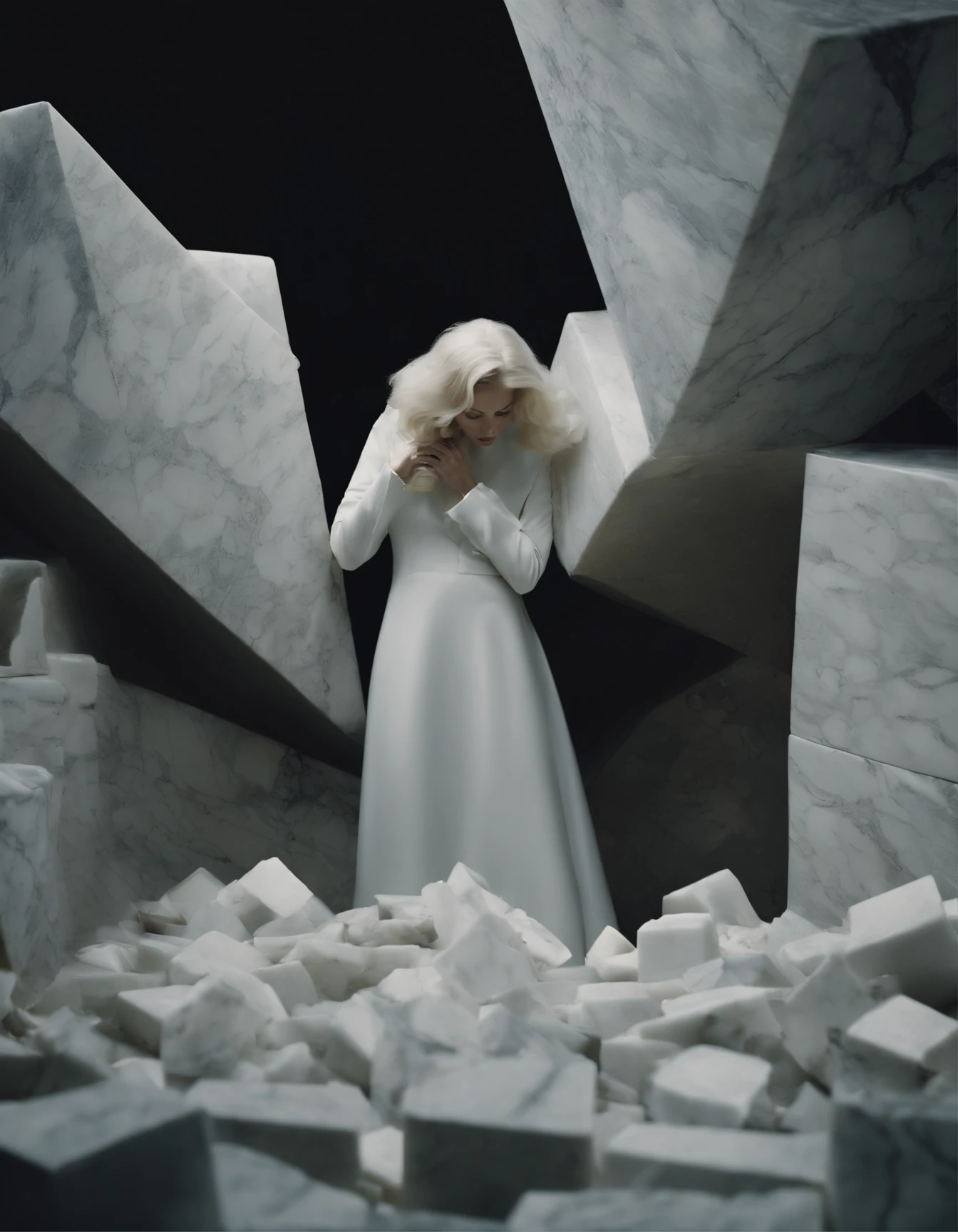 Broken marble blocks，Mountains piled up，Porcelain pattern，Tim Walker style，Heads-up
