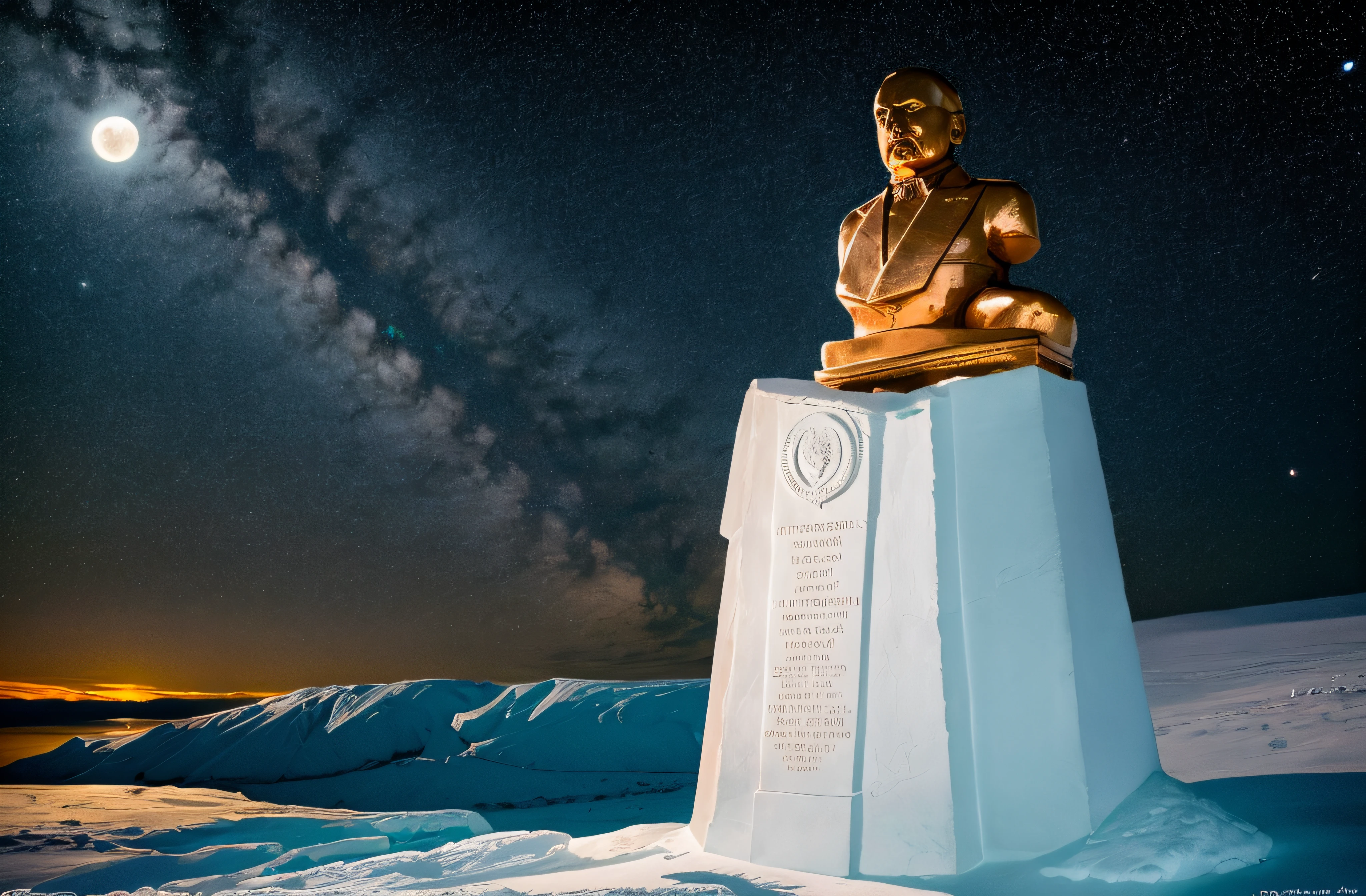 lenin's statue made of solid pure copper, glistening in the polar moonlight