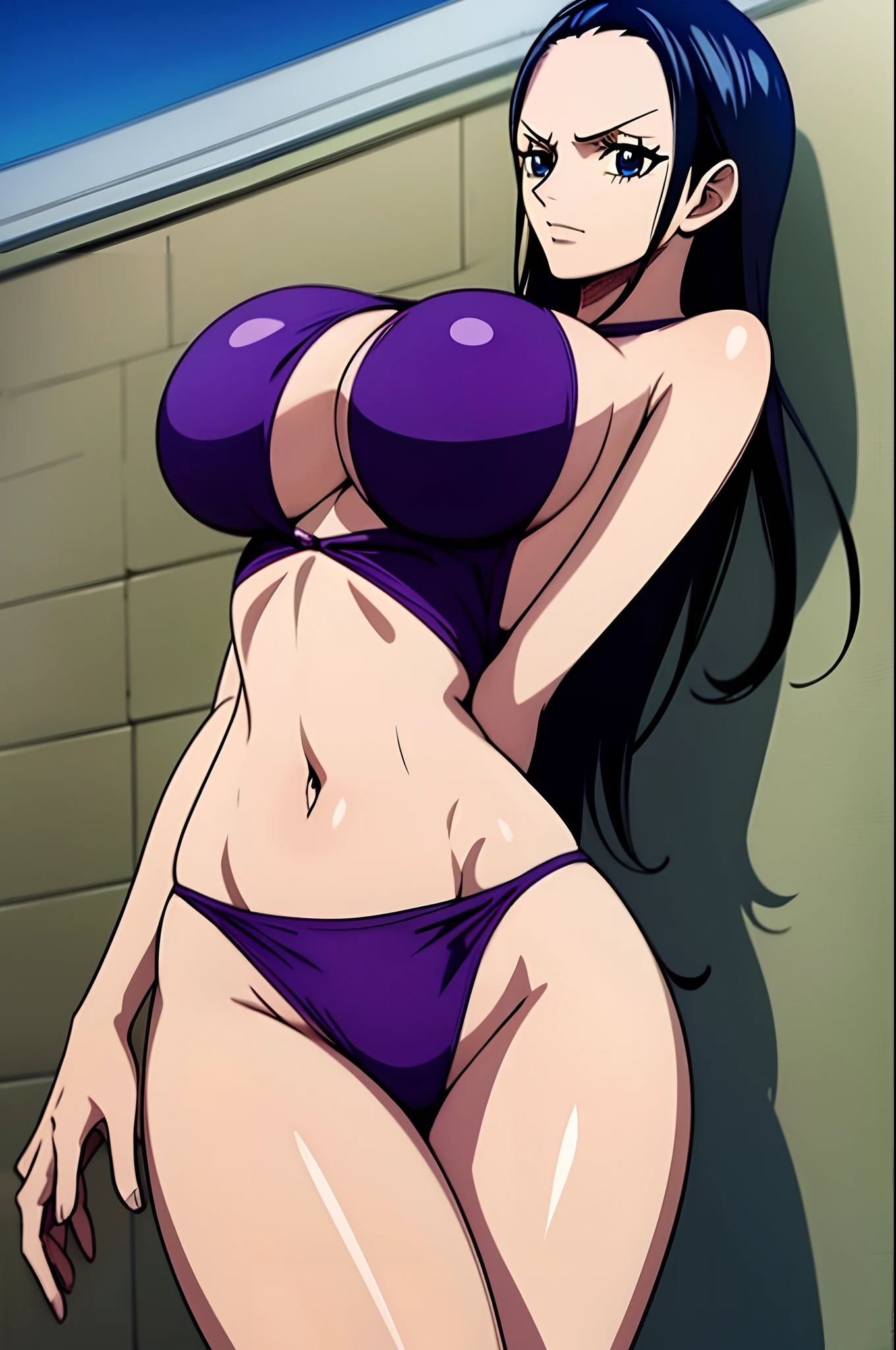 Nico Robin from One Piece wears a very tight purple bikini, showing her naked ass, big ass, big boobs. 8k, perfect quality.