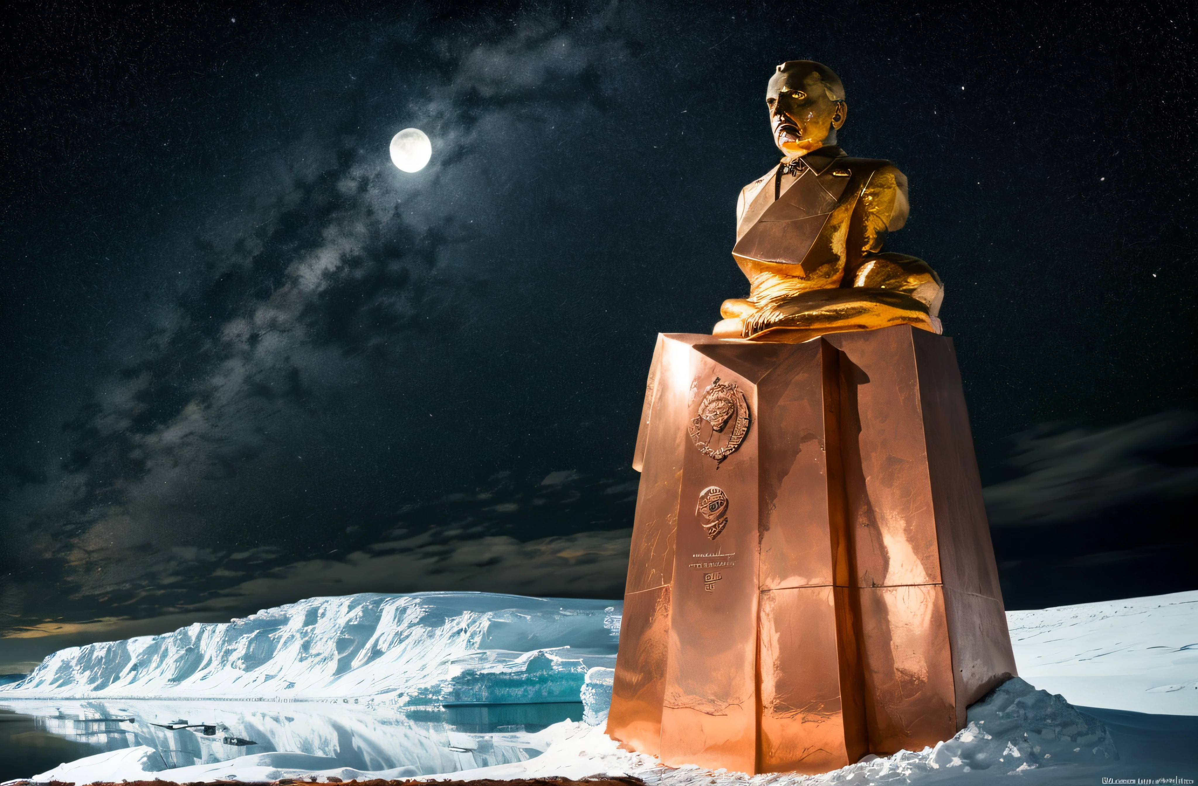 lenin's statue made of solid pure copper, glistening in the polar moonlight