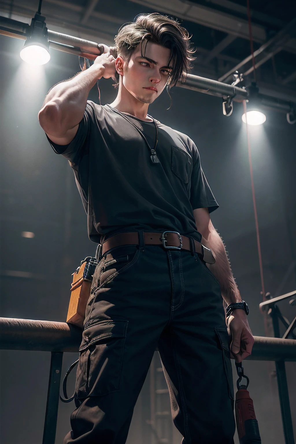 technical worker working on a big stage hanging curtains on a rail, 26 y.o. man, dramatic lightning, wearing working clothes with a belt around his waist with tools, cinematic shot
