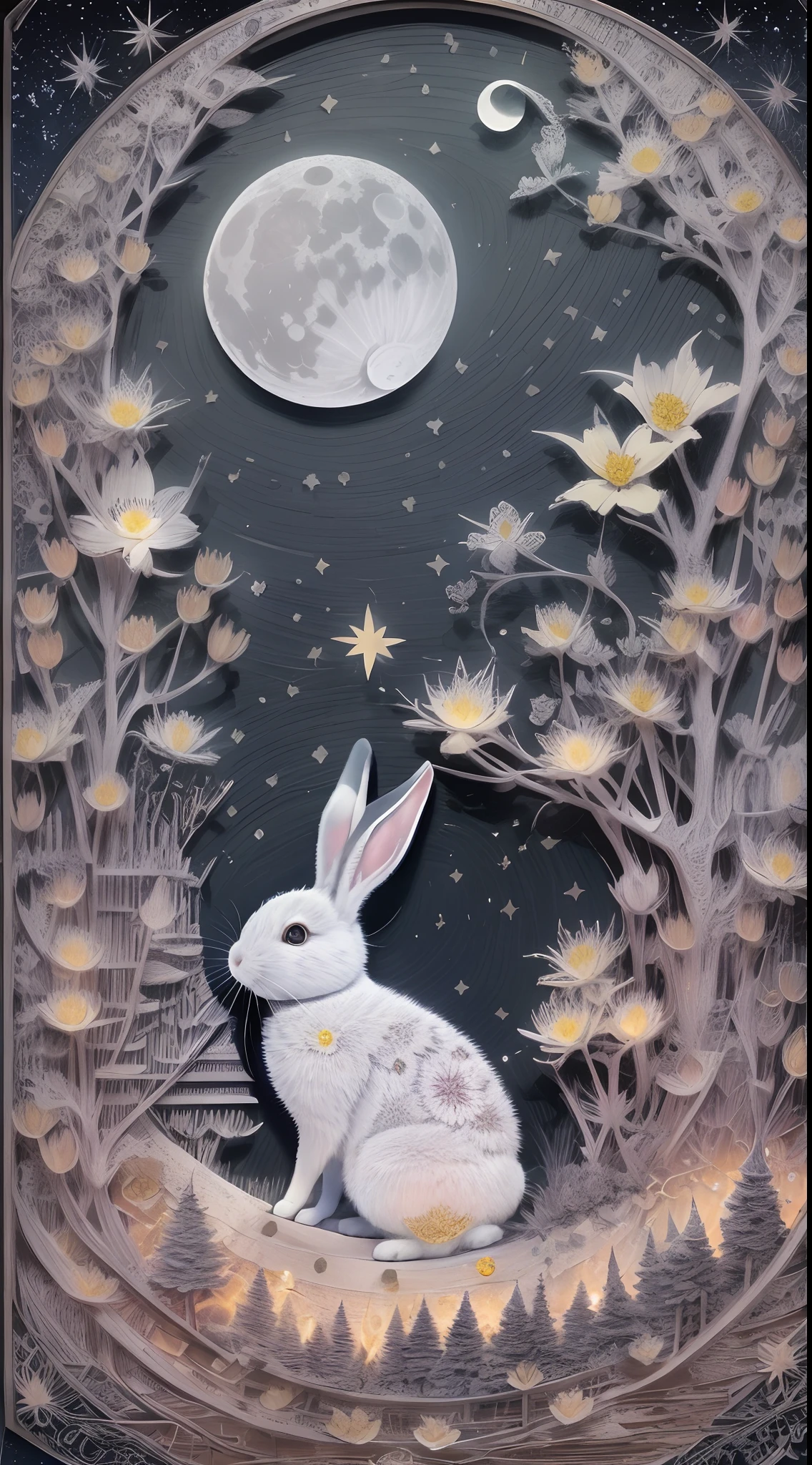 In this ultra-detailed CG art，a moon，during night，starrysky，adorable rabbit,(Paper Cuttings style:fresh flowers.Fujiman)，Best quality at best，A high resolution，Complicated details，fanciful，