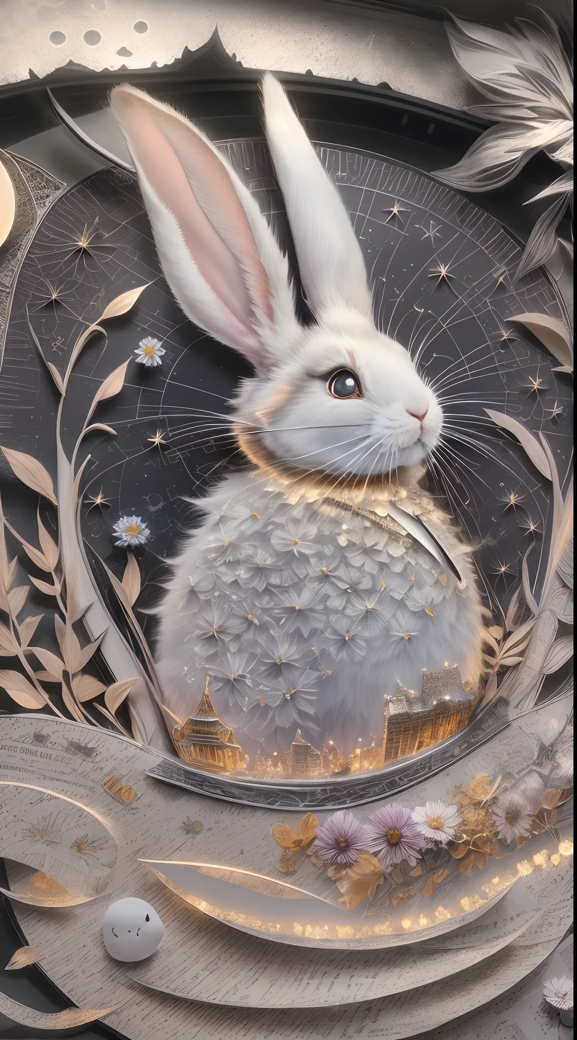 In this ultra-detailed CG art,a moon,during night,starrysky,adorable rabbit,(Paper Cuttings style:fresh flowers.Fujiman),Best quality at best,A high resolution,Complicated details,fanciful,