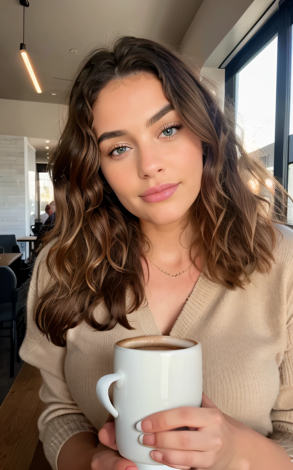 Belle blonde portant un pull beige (Holding a cup of coffee in a modern café at sunset), Very detailed, 21 ans, visage innocent, natural curly hair, yeux bleus, High resolution, Masterpiece, Best quality, Intricate details, highly detailed, mise au point nette, detailed skin, realistic skin texture, texture, detailled eyes, professionnel, 4K, sourire charmant, filmed in Canon, 85 mm, faible profondeur de champ, Couleur Kodak Vision, perfect fit body, Extremely detailed, photographier_\(ultra\), photoreallistic, Realstic, Post-traitement, maximum details, roughness, real life, ultra realist, photorealism, photographie, 8K UHD, photographie