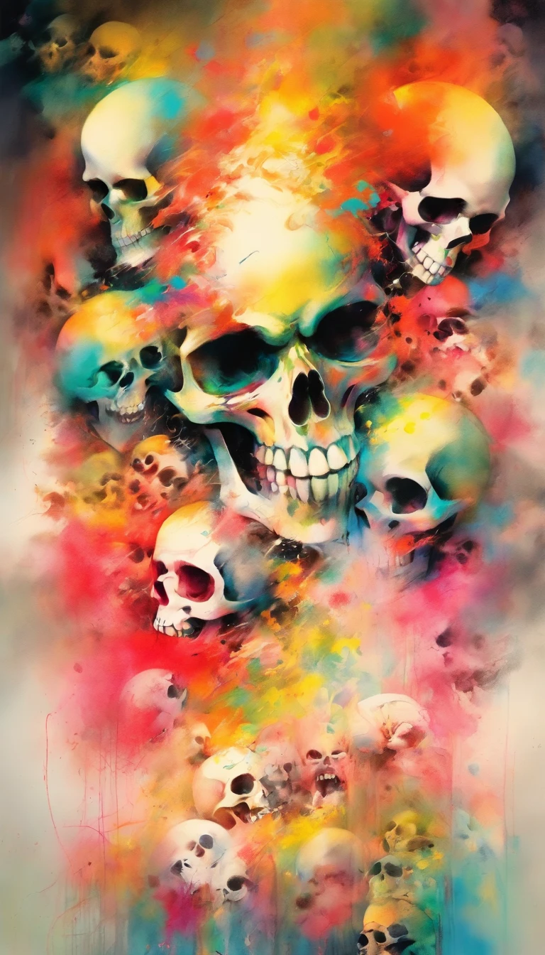 Abstract colorful ink painting of a woman , skull, Before you lose consciousness ; Black and white clouds, crazy devil, A colorful painting by Stephen Gammell、Detailed mixed media ink illustrations, Rafael Ossola, John Eggcranes,