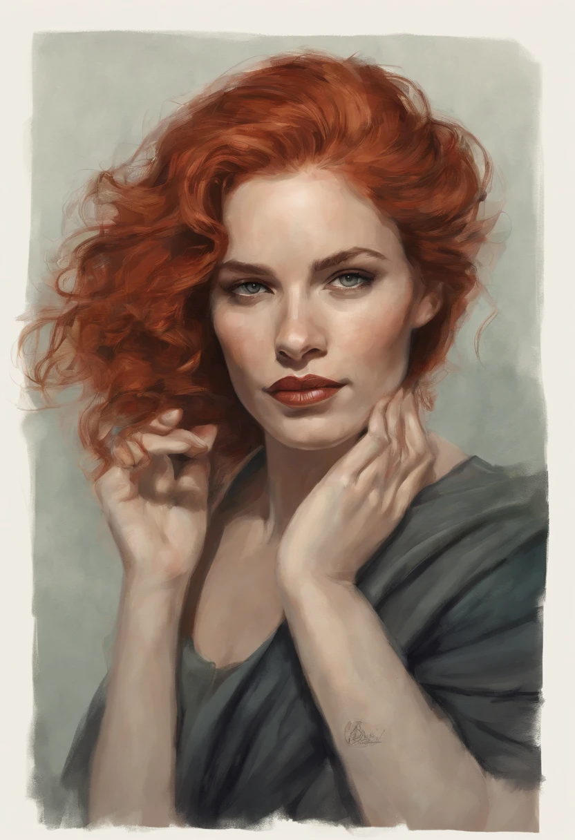 Hand-drawn sketch illustration of a beautiful red hair tiefling, cabelo curto, cabelo liso, cabelo com presilhas, cabelo com franja na frente dos olhos, tatuagem,olhos azuis, symmetrical dragon horns,detalhes em dourado na roupa, illustration, watercolor sketch, (melhor qualidade)), detalhado intrincado,