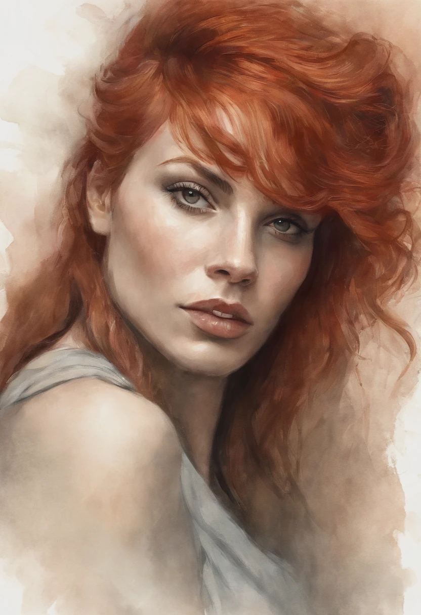 Hand-drawn sketch illustration of a beautiful red hair tiefling, cabelo curto, cabelo liso, cabelo com presilhas, cabelo com franja na frente dos olhos, tatuagem,olhos azuis, symmetrical dragon horns,detalhes em dourado na roupa, illustration, watercolor sketch, (melhor qualidade)), detalhado intrincado,