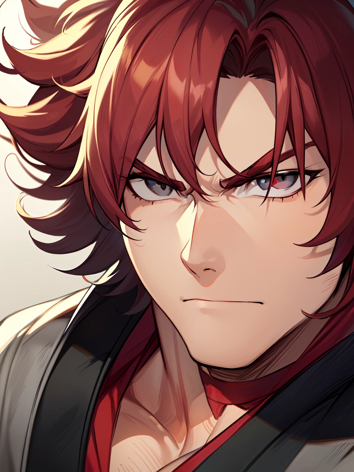 ((shinobi clothing)), ((gray colored eyes)), ((bright red hair)), ((chubby face)), ((chubby male)), ((medium wild hair)), ((mature male)), ((wild hairstyle)), ((complementary colors)), ((tough expression)), ((light skin)), 1boy, beautifully drawn, high resolution illustration, best quality, High definition, ((detailed anime sketch)), Masterpiece, (solo), absurdres, portrait, detailed background, fine detail, male focus, HDR, upper body, close-up,