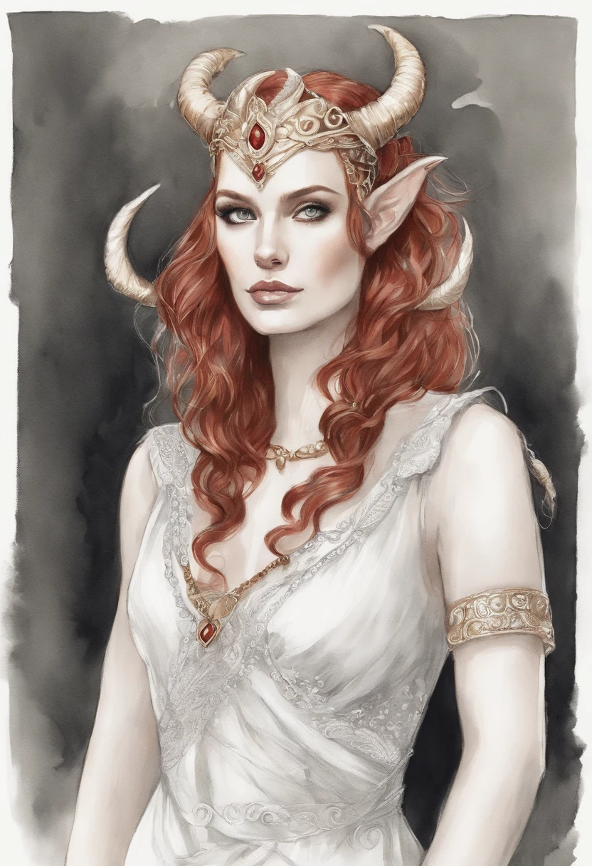 Hand-drawn sketch illustration of a beautiful red hair tiefling, cabelo curto, cabelo liso, cabelo com presilhas, cabelo com franja na frente dos olhos, tatuagem,olhos azuis, symmetrical dragon horns,detalhes em dourado na roupa, illustration, watercolor sketch, (melhor qualidade)), detalhado intrincado,