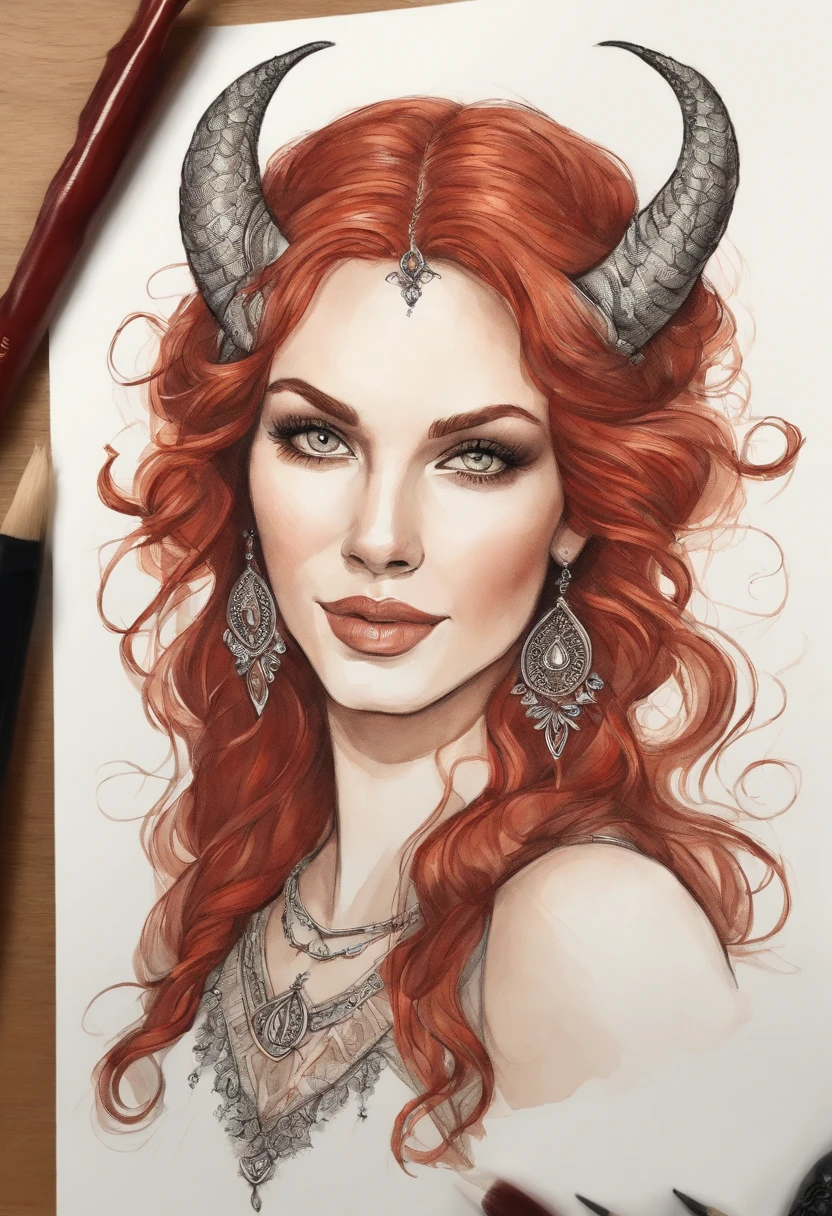 Hand-drawn sketch illustration of a beautiful red hair tiefling, cabelo curto, cabelo liso, cabelo com presilhas, cabelo com franja na frente dos olhos, tatuagem,olhos azuis, symmetrical dragon horns,detalhes em dourado na roupa, illustration, watercolor sketch, (melhor qualidade)), detalhado intrincado,