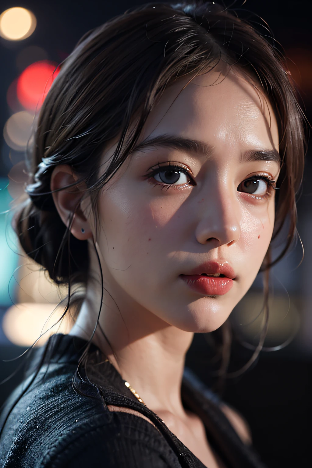 1girl, Tokyo street, night, cityscape, city lights, upper body, (close-up), 8k, RAW photo, best quality, masterpiece, realistic, photo-realistic