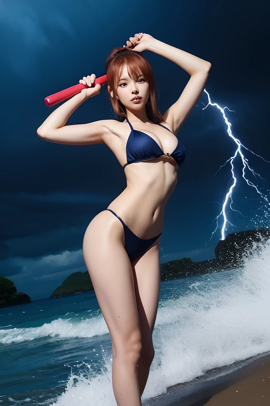 there is a woman in a bikini holding a baseball bat, nami from one piece, nami one piece, deviantart artstation cgscosiety, splashes of lightning behind her, epic digital art illustration, goddess of lightning, epic fantasy digital art style, epic fantasy digital art, 2. 5 d cgi anime fantasy artwork, mermaid cyborg with a laser whip, gorgeous young korean woman, inspired by Kim Deuk-sin, photo of slim girl model, sakimichan, thin waist, taejune kim