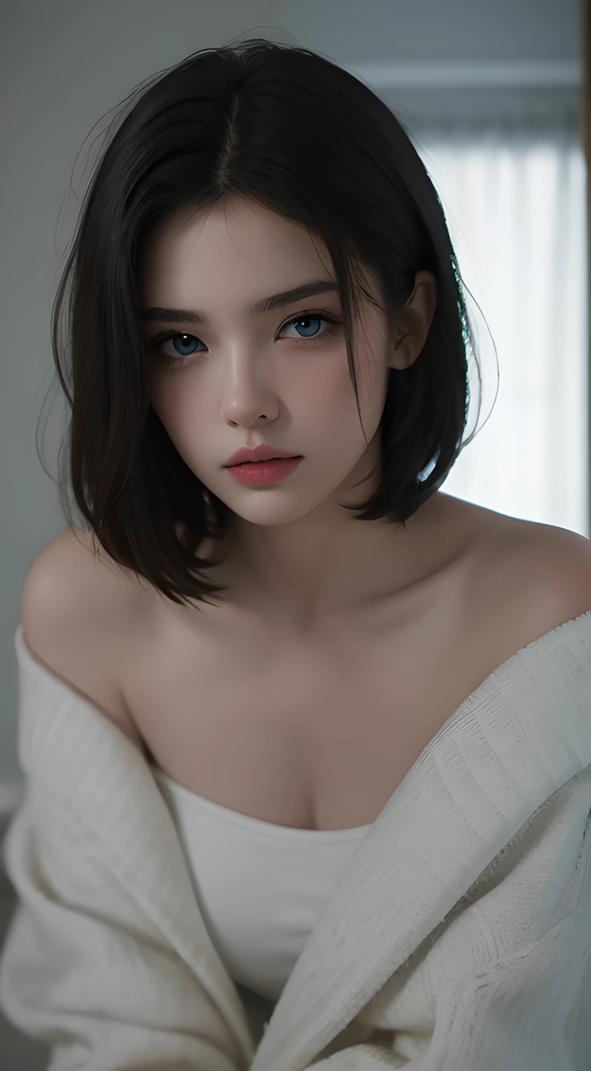 Best quality, masterpiece, ultra high res, (photorealistic:1.5), raw photo, 1girl, offshoulder, in the dark, deep shadow, low key, cold light, sexy look, short hair, blue eyes