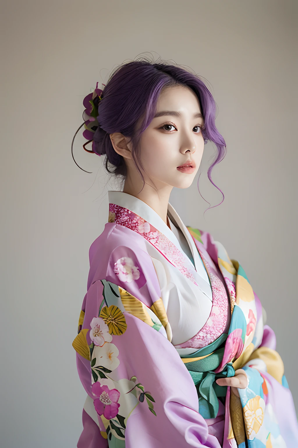 araffe woman in a kimono dress posing for a picture, in kimono, elegant japanese woman, wearing kimono, korean model, japanese kimono, japanese goddess, traditional japanese, in a kimono, wearing a kimono, pale and coloured kimono, white hanfu, kimono, wearing simple robes, classic kimono, wearing silk robe, wearing a simple robe, korean woman, heonhwa choe , big breast, show breast, light purple hair