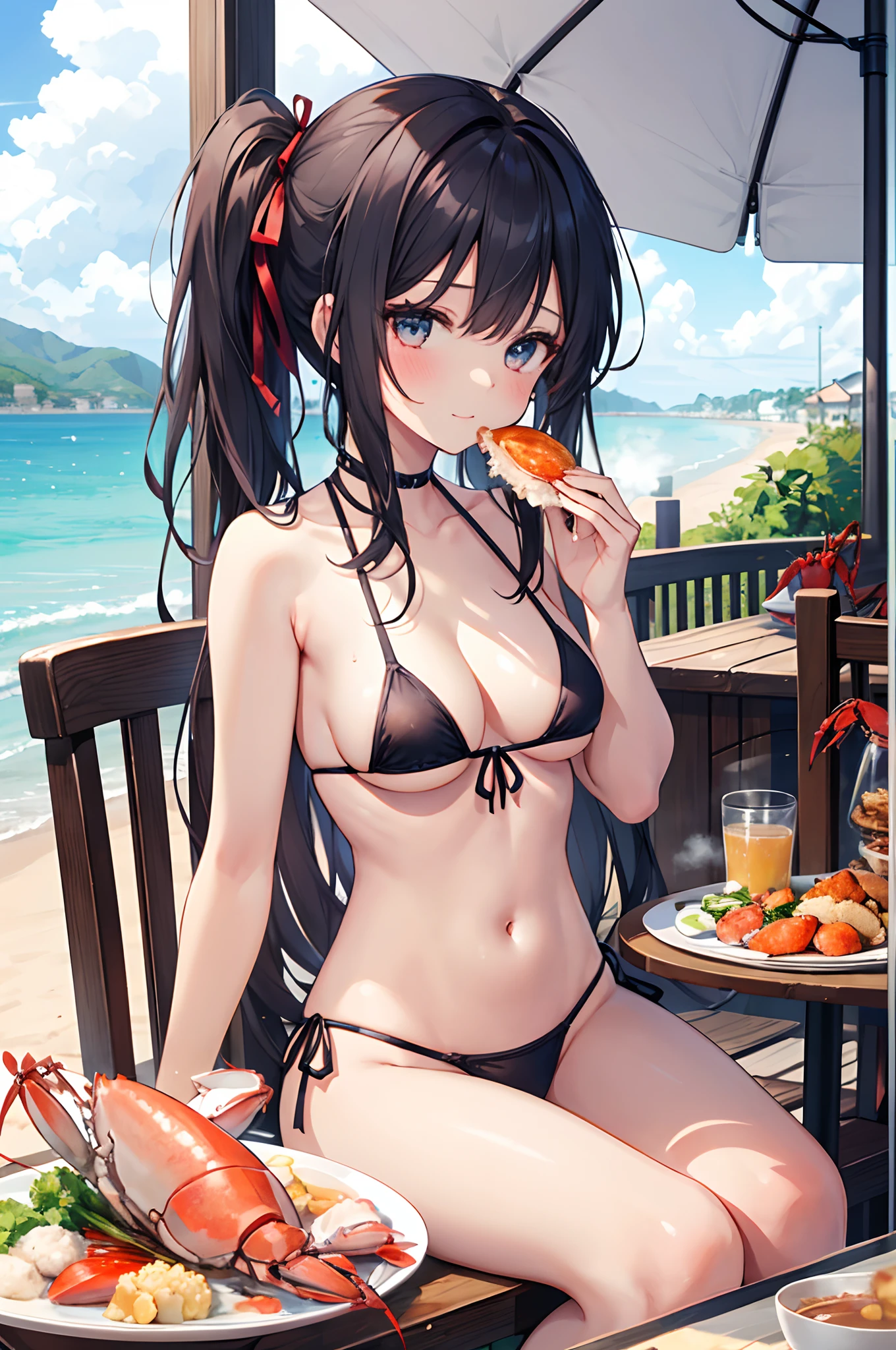 1girl, solo, inside of the beach house, table, micro bikini, cleavage, side boob, seafood, steam, bowl soup, crab, eating a crab and shrimp, happy, cuteness, hairpin, sitting,