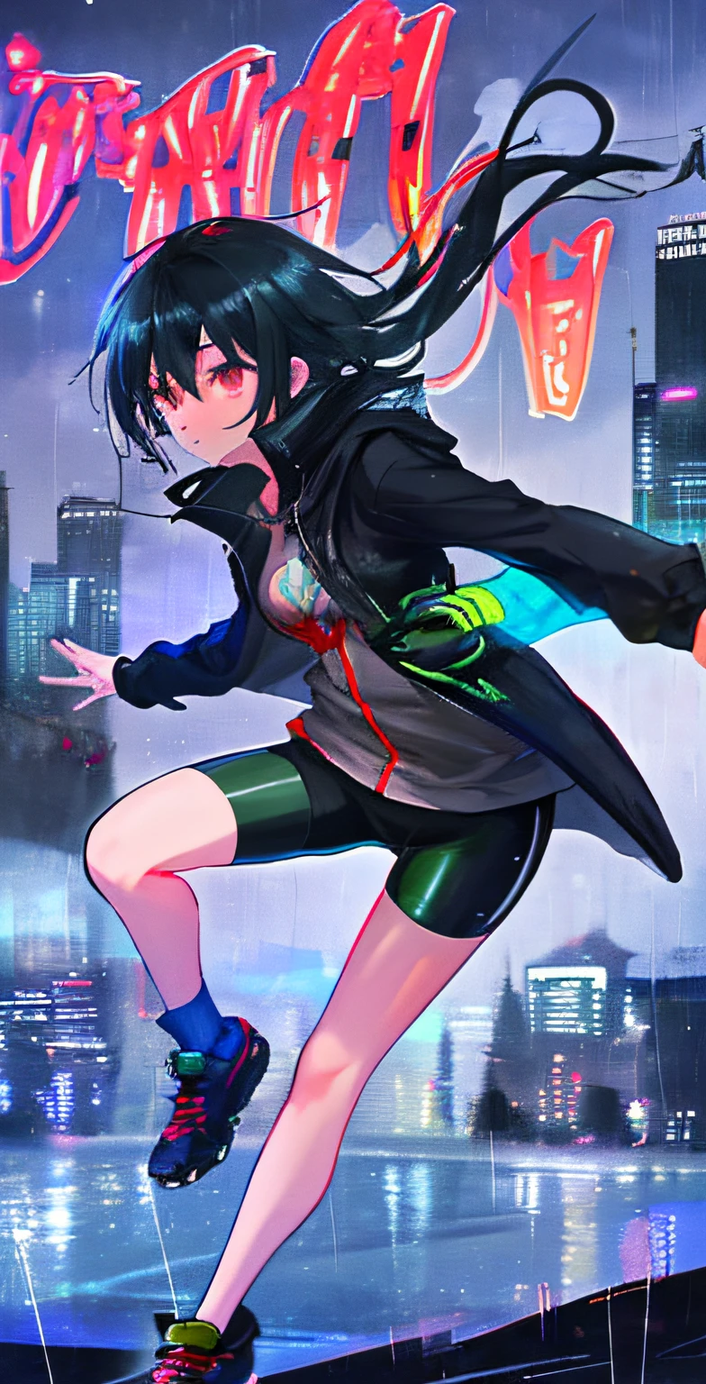 1girl,night city,rain,coat,jumping, biking shorts