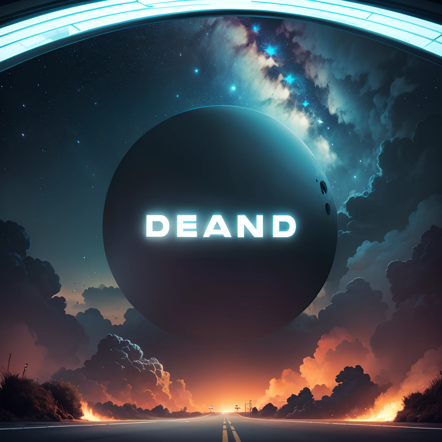 horizon, dead end of world, universe background, traffic sign saying "Dead End", (traffic sign: huge, floating in universe)