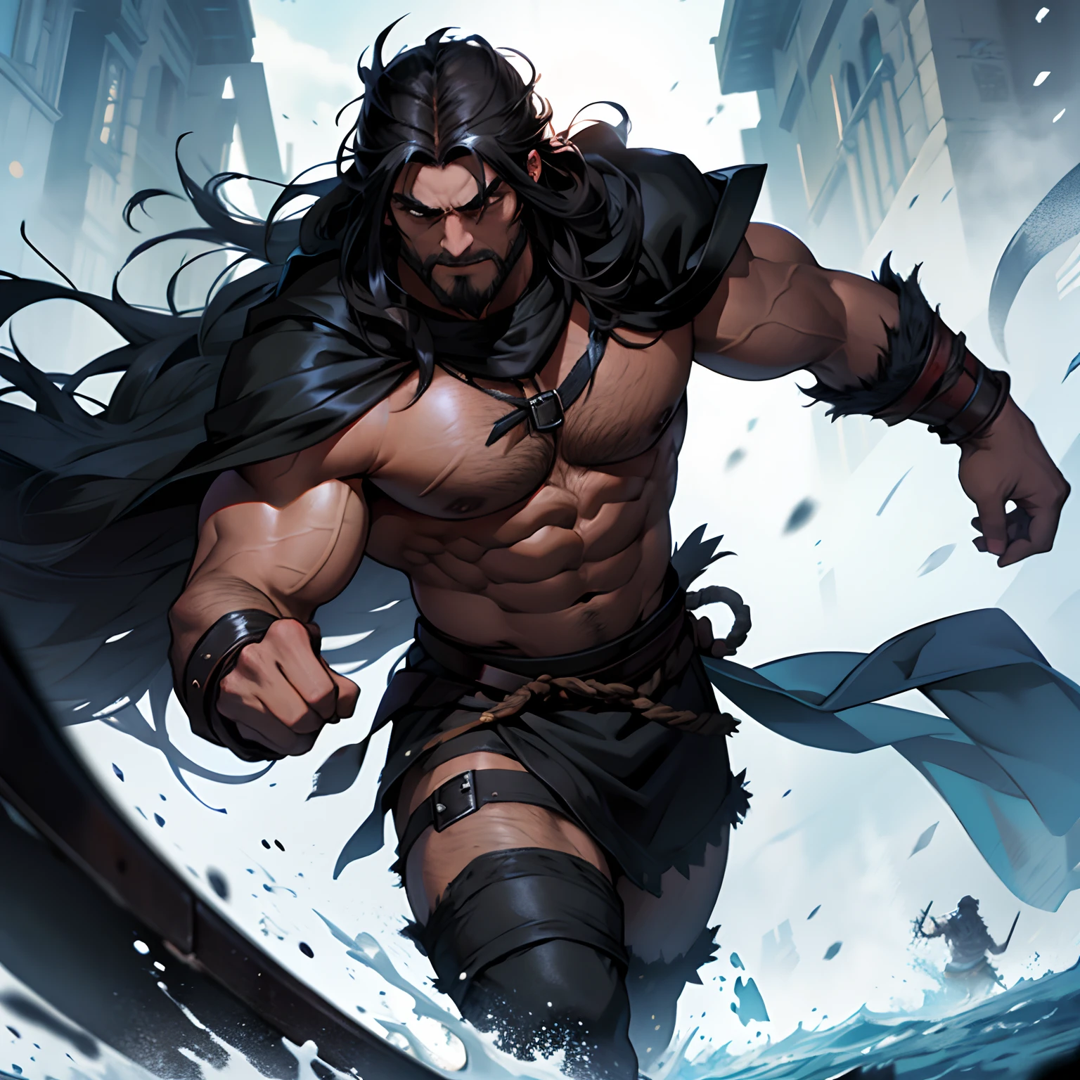 Musculous Viking Berserker. Dark Black Long Hair. Very Long Hair