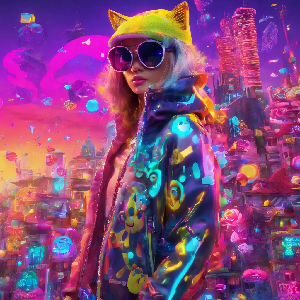 In a whimsical kawaii cafe, Kitten Fluffy, crafted from highly detailed curling, thin glowing multi-colored smoke, dons a rose flower hoodie and fancy funny stylish giant shiny sunglasses. Against a backdrop of vibrant neon typography spelling VIKUSIA, FAINOHO DNIA, capture its enchantment in a digital art masterpiece. Incorporate volumetric 3D rendering, Octane render, and vibrant graffiti elements to create a fantasy illustration that showcases its fashion-forward style. Make it pop with a poster-worthy 3D render that embraces the essence of this captivating character ((stunningly tantalizing view)). 3D, highly detailed, sharp focus, 8K, ultra quality, UHD, crystal clear, bokeh. Black magic Pocket Cinema Camera 6K Pro with Sigma 18-35mm f/1.8 DC HSM Art lens Canon EOS 5D Mark IV camera with a Canon EF 24-70mm f/2.8L II USM lens --ar 9:16 --v 5.2 --s 750, architecture, vibrant, wildlife photography, portrait photography, fashion, cinematic, typography, 3d render, poster, photo