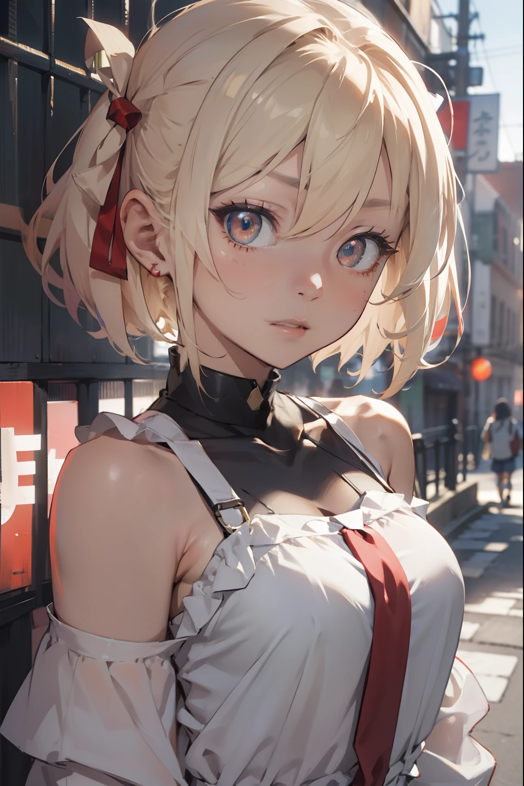 Chisatoniki, Senri, Short hair, Bangs, Blonde hair, (Red Eyes:1.5), Hair Ribbon, One side up, bob cuts,
BREAK shirt, Bare shoulders, Twin-tailed, 鎖骨, Hair Ribbon, White shirt, frilld, off shoulders, Red Ribbon, short twintails, off shoulder shirt, frill shirt,
BREAK outdoors, grass field,
BREAK looking at viewer, BREAK (masutepiece:1.2), Best Quality, High resolution, Unity 8k壁纸, (Illustration:0.8), (Beautiful detailed eyes:1.6), extra detailed face, Perfect Lighting, extremely details CG, (Perfect hands, Perfect Anatomy),