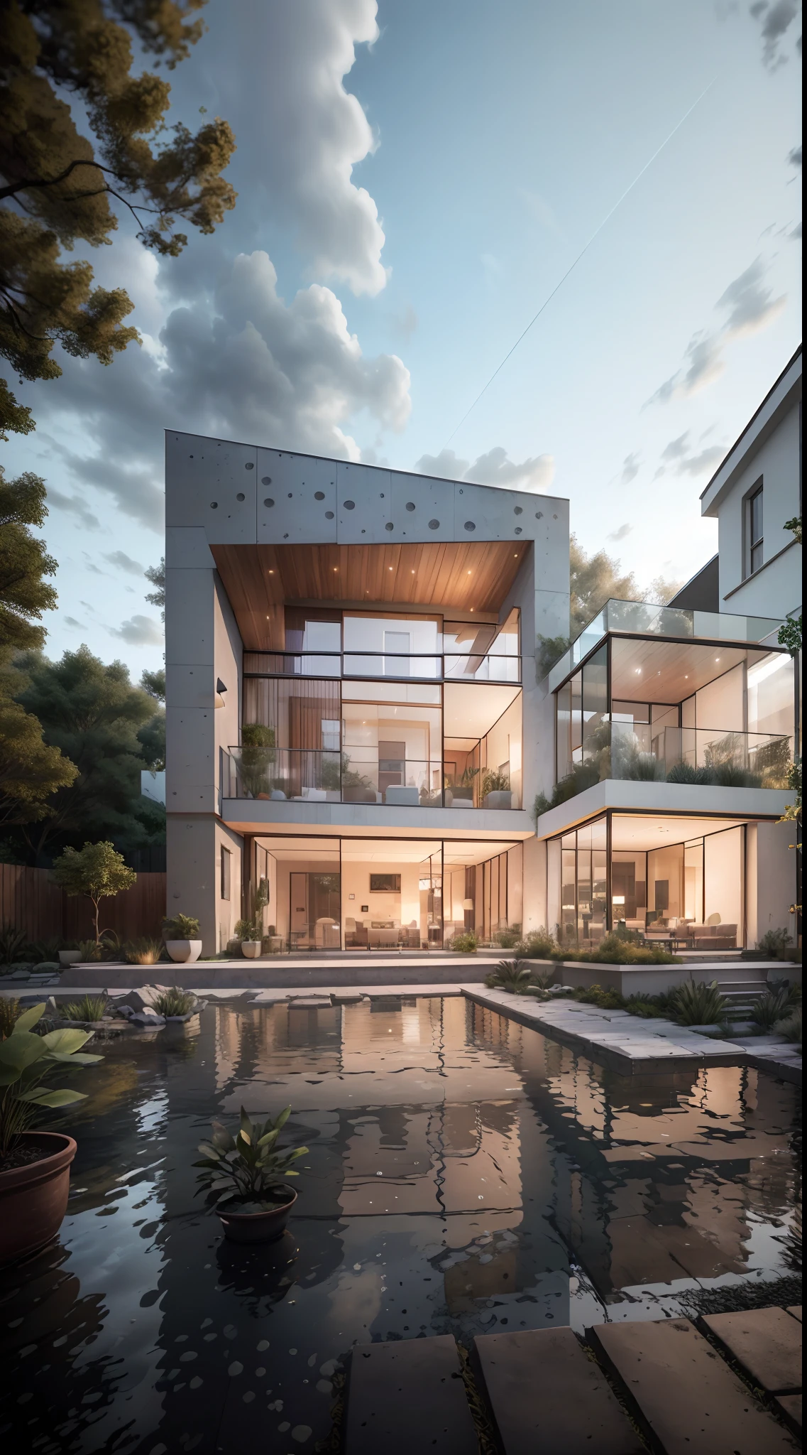 Bauhaus style house, glass house with a sloping roof, modern, dynamic (RAW photo, real, best quality, masterpiece:1.2), (hyper realistic, photo-realistic:1.2), high quality, (dark lighting:1.2), perfect lighting, archdaily