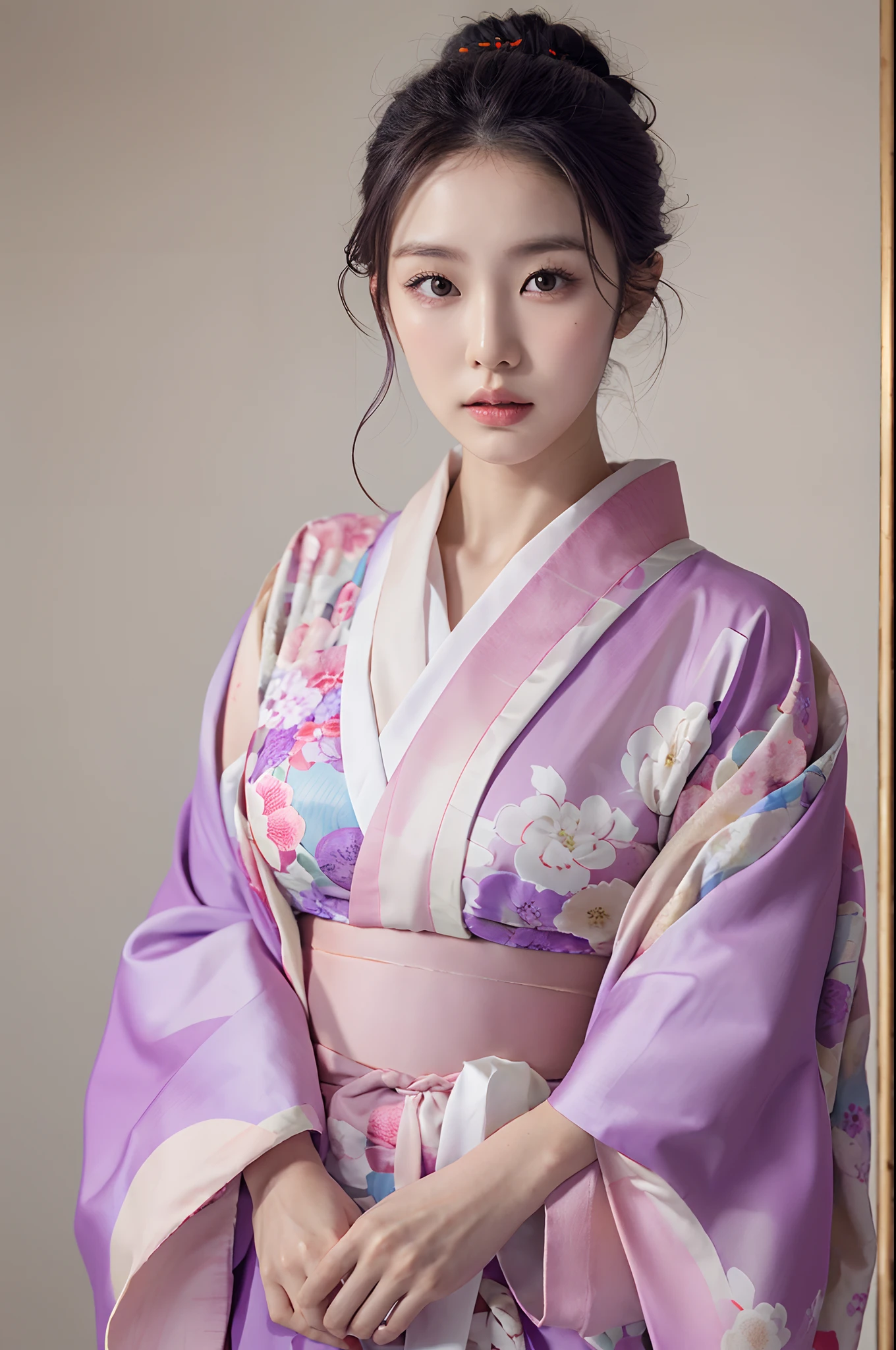 (Photorealsitic:1.4), (Top image quality:1.0), (超A high resolution:1.0), 8K, Raw photography, (​masterpiece:0.2), (pureerosface_v1:0.5)、(Best Quality Detail:1.2)、realisitic、8K UHD、hight resolution、(1girl in:1.2)、The ultra-detailliert、High quality textures、intricate detailes、detaileds、Very detailed CG、High quality shadows、Detail Beautiful delicate face、Detail Beautiful delicate eyes、depth of fields、Ray traching,1girl in, japanaese girl, Cute, slender, Black kimono, Kimono with Japanese pattern,Floral scrunchie, Beautiful skin, Facing the front,Sit down, Sit upright and say thank you,Align your hands elegantly,Smile faintly The Land of Japan,Japanese garden,Luxury Japanese-style room, skyporn, Magic Hour, (Realistic:1.3), Finely detailed, quality, (masutepiece:1.2), (Photorealistic:1.2), (Best Quality), (Intricate details), Dramatic, Ray tracing, photograph, +Lola