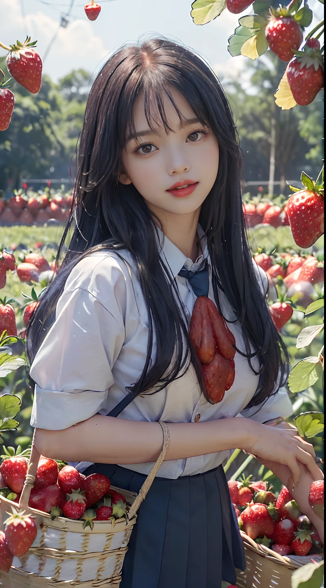 best quality, ultra high res, (1 girl:1.4), solo,(upper body:1.2),  (photorealistic:1.4), (pretty teengirl:1.2),big breasts,balck long hair, parted bangs,air bangs, red lips,light_smile,(shot hair), wet, messy_blue hair, stick out,(school uniform:1.4),white shirt with blue collar, blue shorts,(looking at viewer:1.4),(a basket on her forearm:1.4),(picking strawberries:1.4), (strawberry farm:1.4), (rows of plants:1.4), (red berries:1.4), green leaves, sunshine, (baskets:1.2), picking,(pureerosface_v1:0.5)
