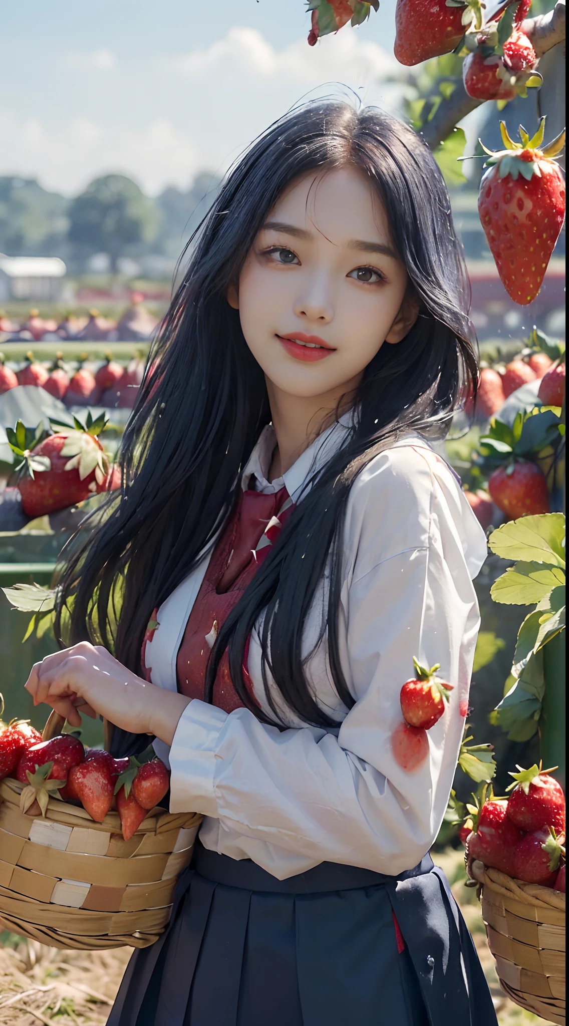 best quality, ultra high res, (1 girl:1.4), solo,(upper body:1.2), (photorealistic:1.4), (pretty girl:1.2),big breasts,balck long hair, parted bangs,air bangs, red lips,light_smile,(shot hair), wet, messy_blue hair, stick out,(school uniform:1.4),white shirt with blue collar, blue shorts,(looking at viewer:1.4),(a basket on her forearm:1.4),(picking strawberries:1.4), (strawberry farm:1.4), (rows of plants:1.4), (red berries:1.4), green leaves, sunshine, (baskets:1.2), picking,(pureerosface_v1:0.5)