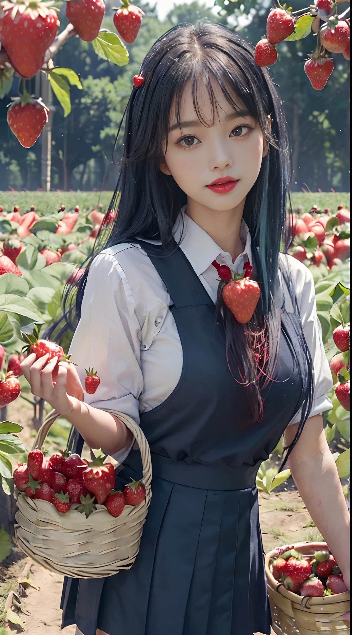 best quality, ultra high res, (1 girl:1.4), solo,(upper body:1.2),  (photorealistic:1.4), (pretty teengirl:1.2),big breasts,balck long hair, parted bangs,air bangs, red lips,light_smile,(shot hair), wet, messy_blue hair, stick out,(school uniform:1.4),white shirt with blue collar, blue shorts,(looking at viewer:1.4),(a basket on her forearm:1.4),(picking strawberries:1.4), (strawberry farm:1.4), (rows of plants:1.4), (red berries:1.4), green leaves, sunshine, (baskets:1.2), picking,(pureerosface_v1:0.5)