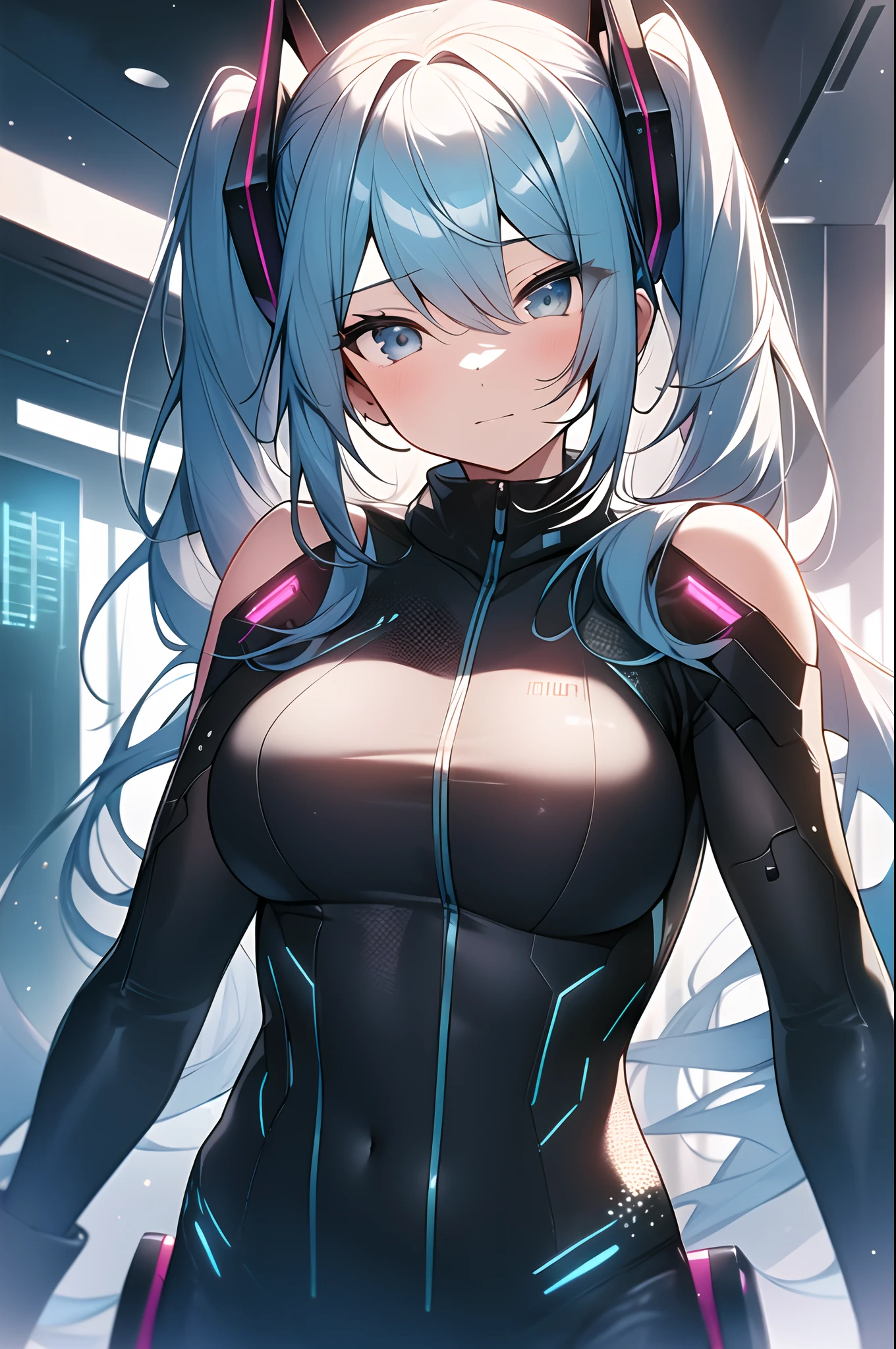 extremely detailed CG unified 8k wallpaper, very fine 8KCG wallpaper, absurderes, Best Quality ultra-detailliert,Beautiful face,masterpiece,Show from head to waist,a girl is standing,(decisive pose),top-quality,(masterpiece), top-quality, 1girl in,hatsune miku,futuristic bodysuit,((cyberpunk city background,