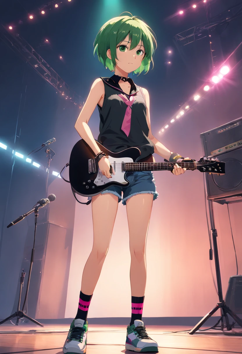 1girl, short green hair, eye patch on left eye, brown eyes, black spike collar around neck, sleeveless black shirt with pink skull graphic design on chest, holding guitar, microphone stand in foreground, short denim shorts, black_pink pinstripe socks, white sneakers, small teddy bear charm hanging from belt buckle, punk rocker, indoors, on stage, spotlight,  absurdres, high res, ultra sharp, 8K, masterpiece, facing viewer, simile