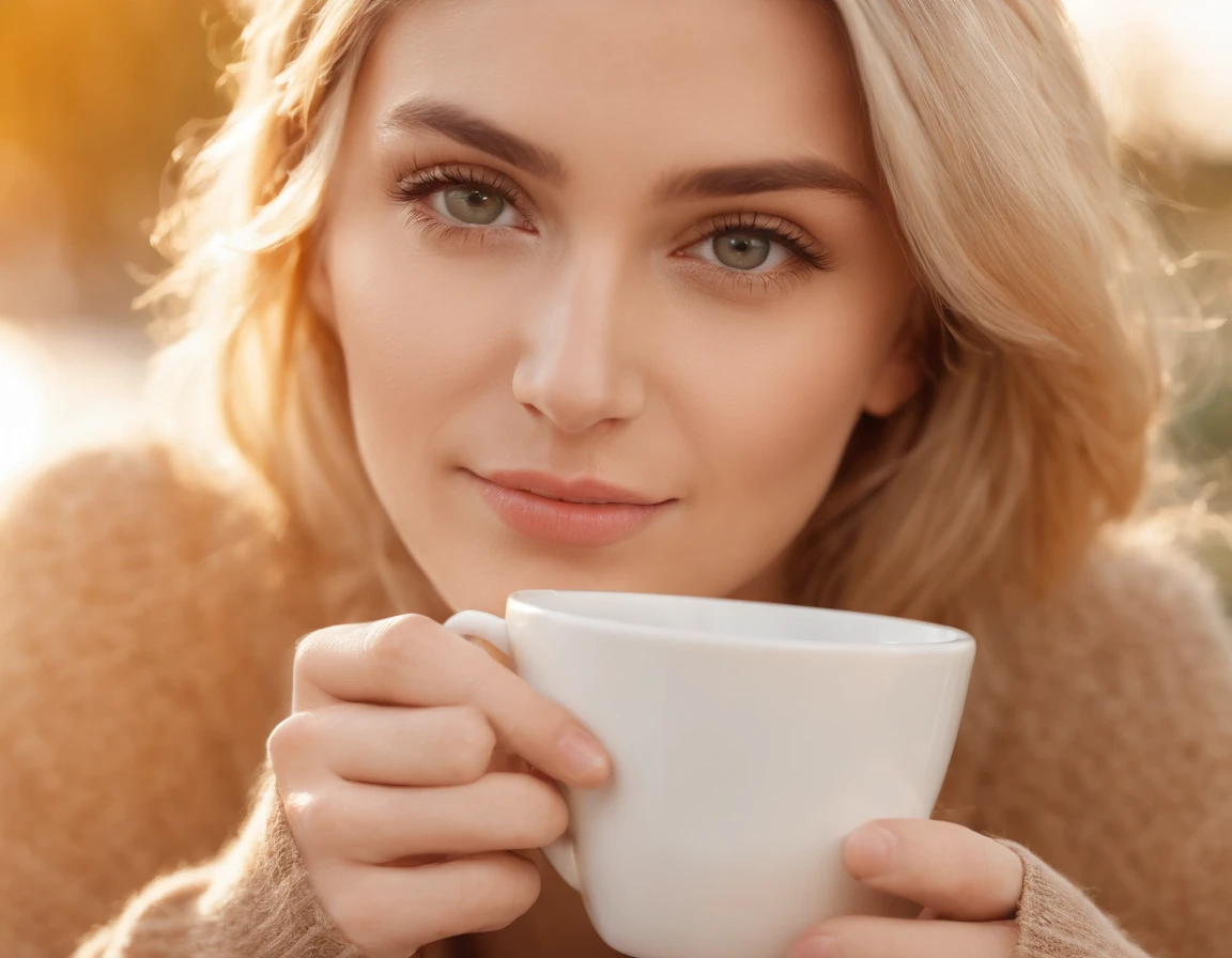 Beautiful blonde wearing a beige sweater (Holding a cup of coffee in a modern café at sunset), Very detailed, 21 anos, Rosto inocente, cabelos cacheados naturais, olhos azuis, high resolution, master part, best quality, detalhes intrincados, altamente detalhado, Crisp Focus, pele detalhada, textura de pele realista, textura, olhos detalhados, profissional, 4k, sorriso encantador, filmado em Canon, 85 millimeters, profundidade de campo rasa, Cor Kodak Vision, corpo de ajuste perfeito, extremamente detalhado, fotografia_\(Ultra\), photoreallistic, Realista, Post-processing, maximum details, rugosidade, vida real, Ultra realista, fotorrealismo, fotografia, 8k UHD, fotografia