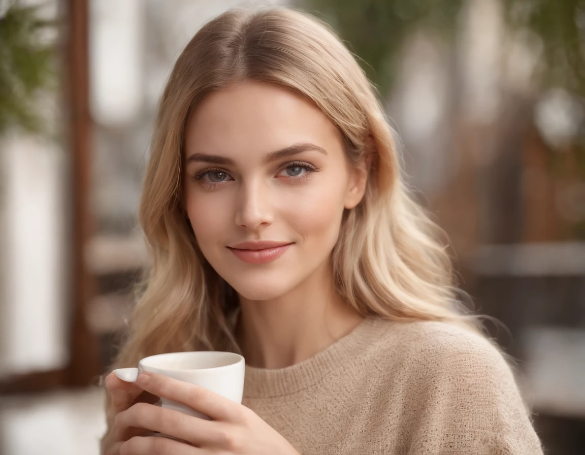 Beautiful blonde wearing a beige sweater (Holding a cup of coffee in a modern café at sunset), Very detailed, 21 anos, Rosto inocente, cabelos cacheados naturais, olhos azuis, high resolution, master part, best quality, detalhes intrincados, altamente detalhado, Crisp Focus, pele detalhada, textura de pele realista, textura, olhos detalhados, profissional, 4k, sorriso encantador, filmado em Canon, 85 millimeters, profundidade de campo rasa, Cor Kodak Vision, corpo de ajuste perfeito, extremamente detalhado, fotografia_\(Ultra\), photoreallistic, Realista, Post-processing, maximum details, rugosidade, vida real, Ultra realista, fotorrealismo, fotografia, 8k UHD, fotografia