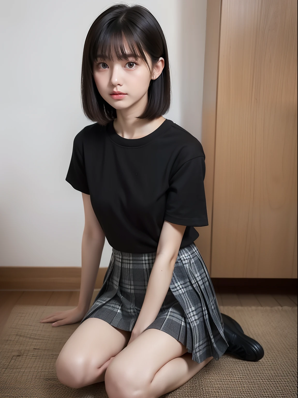 Sit on one knee upright,Hands between legs,年轻,(Plaid pleated skirt),flat breast,Black short-sleeved T-shirt,parka,Pupils,s girl,A dark-haired,delicate and petite body,in a house