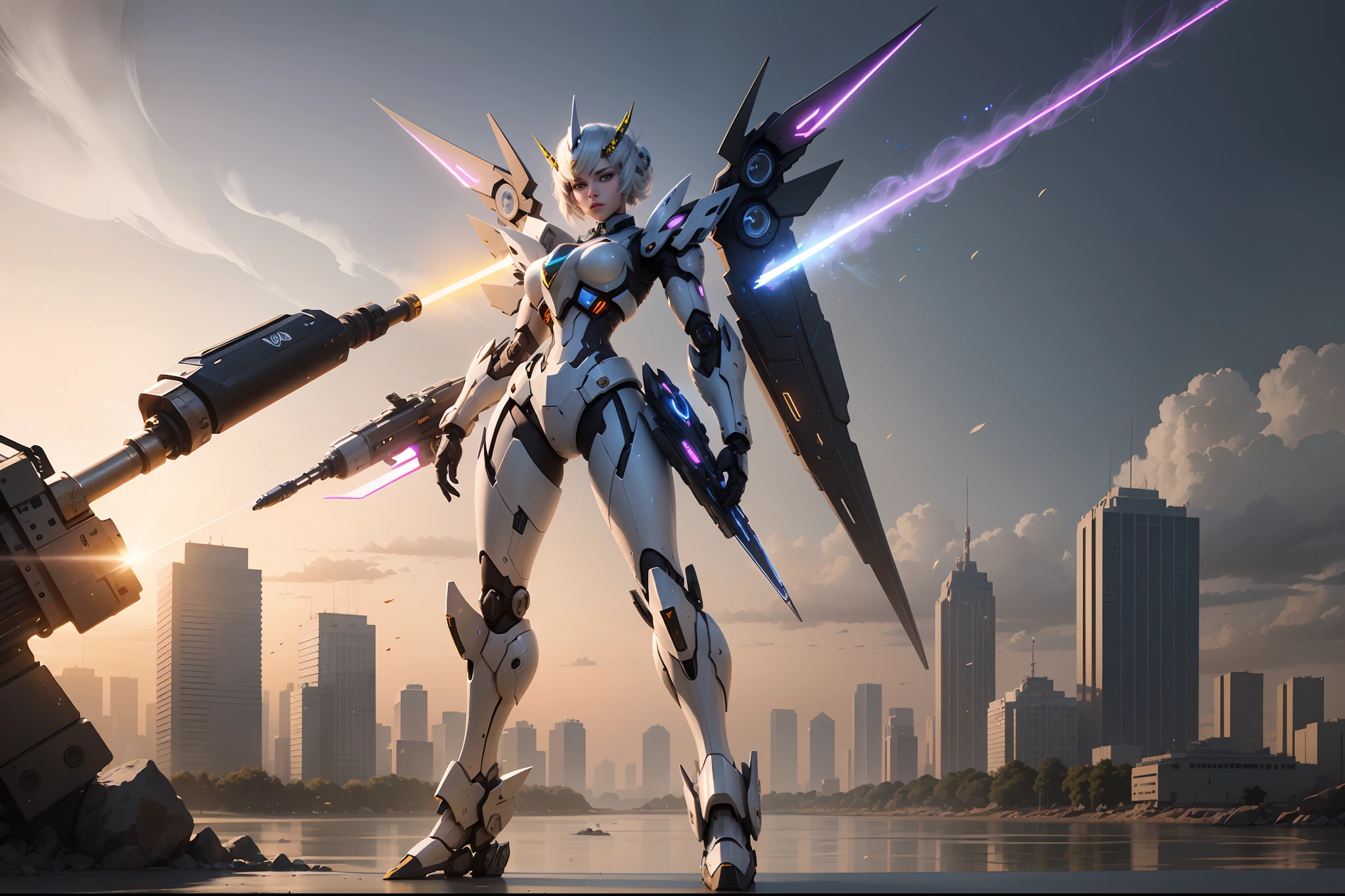 (globalillumination、Full body photo,Front Shooting,radiography、hdr、The rendering is not realistic、reasonable design、high detal、in a panoramic view、best qualtiy、hyper HD) ,River side,female mecha,Delicate and sophisticated,Mechanical wing with symmetrical texture,There are weapons,lightsabers,Punk elements,neon trim,Wing particle spray effect