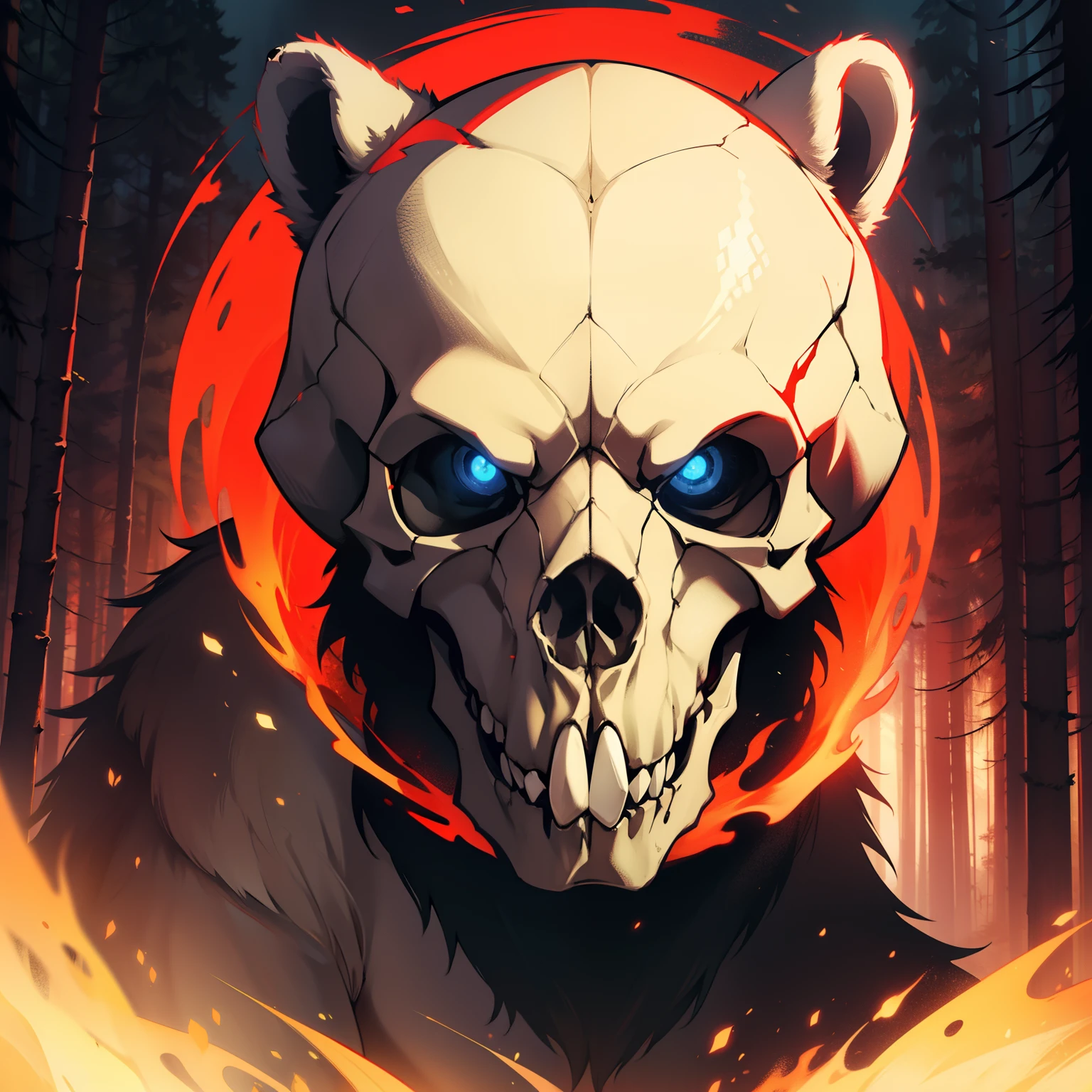 Bear Skull. Red Aura. Forest Background. Bear