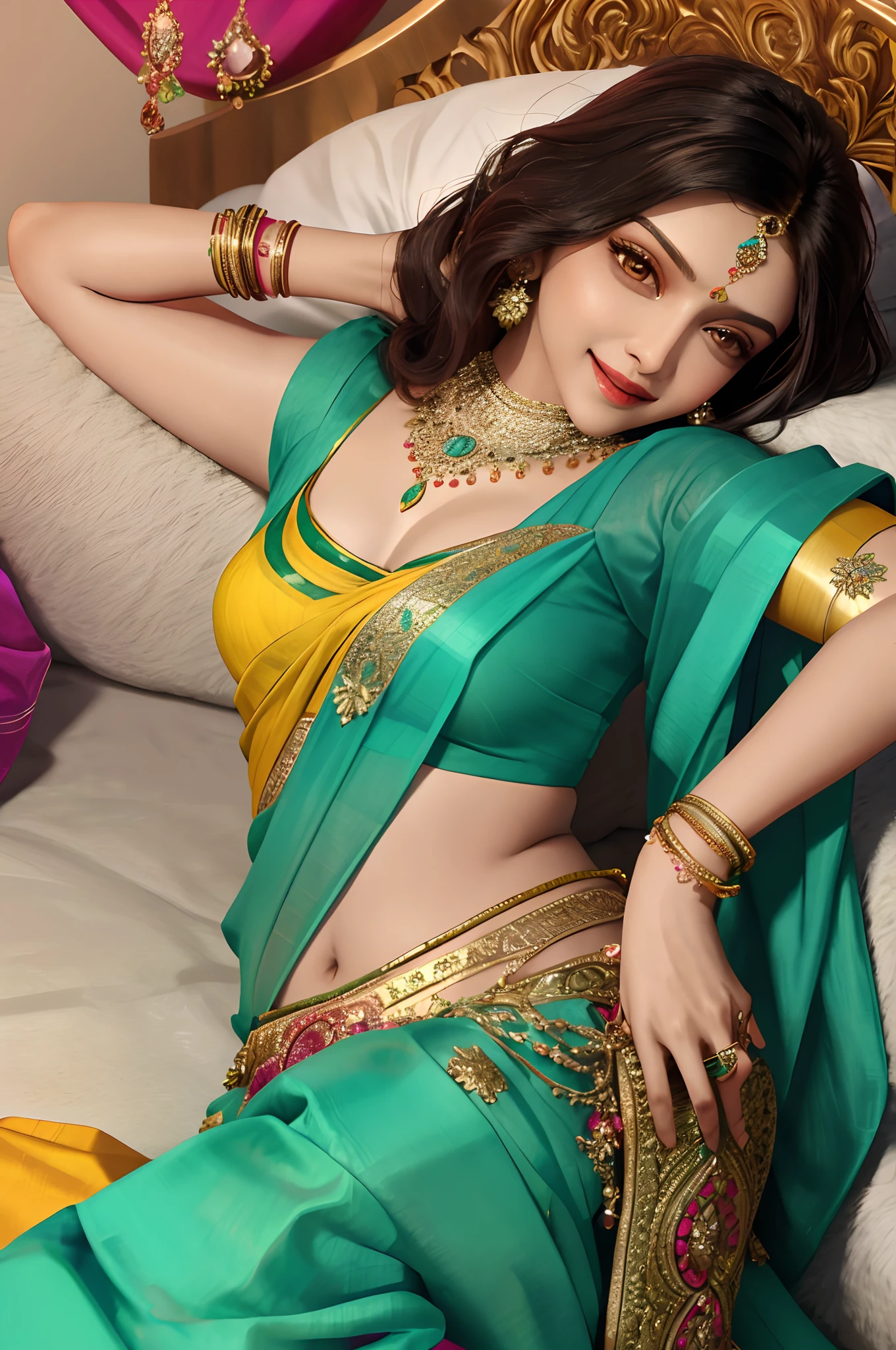 Indian actress Deepika Padukone wearing a vibrant saree lying in bed seductively, smiling